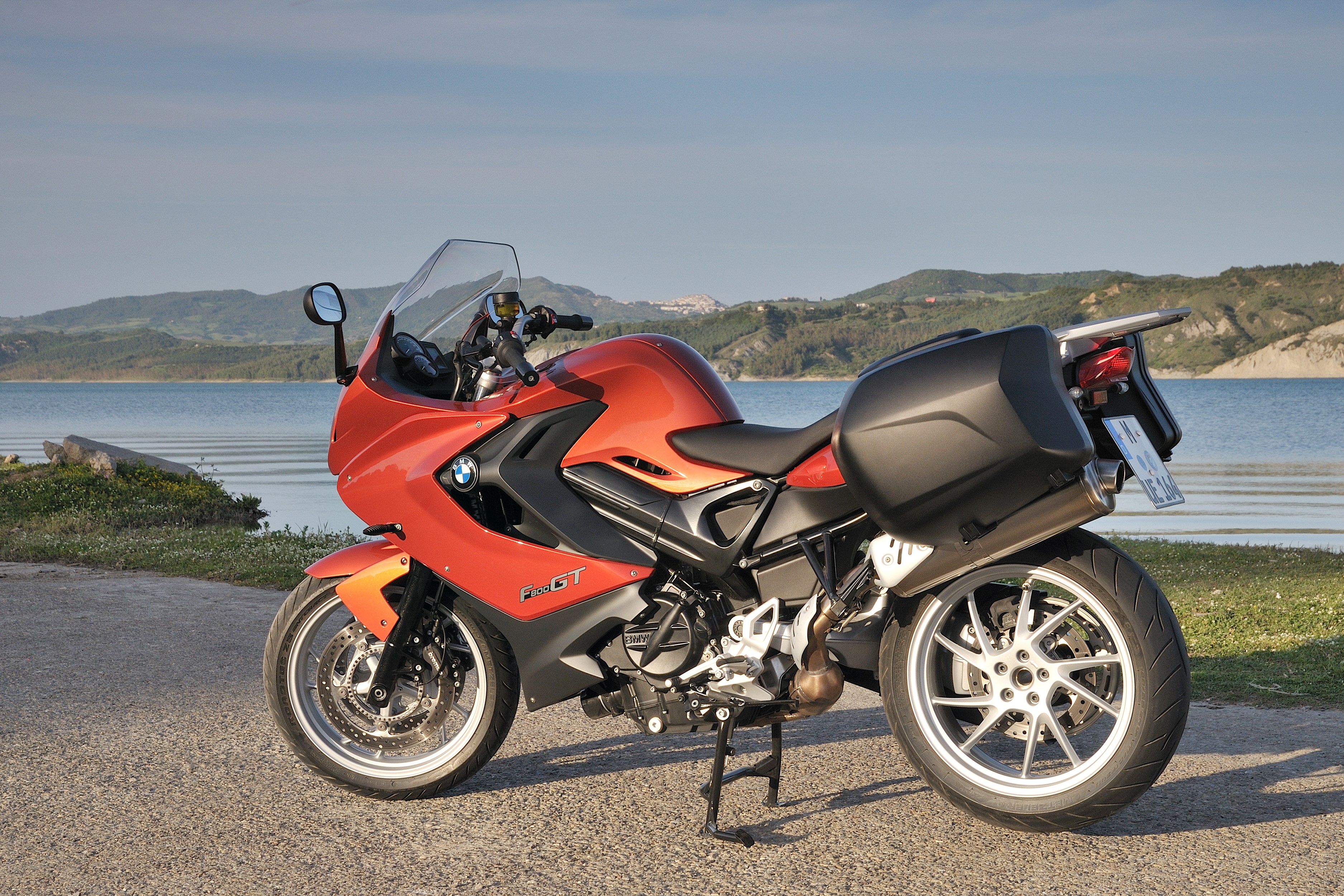 BMW F 800 GT motorcycle parked by a lake HD Wallpaper