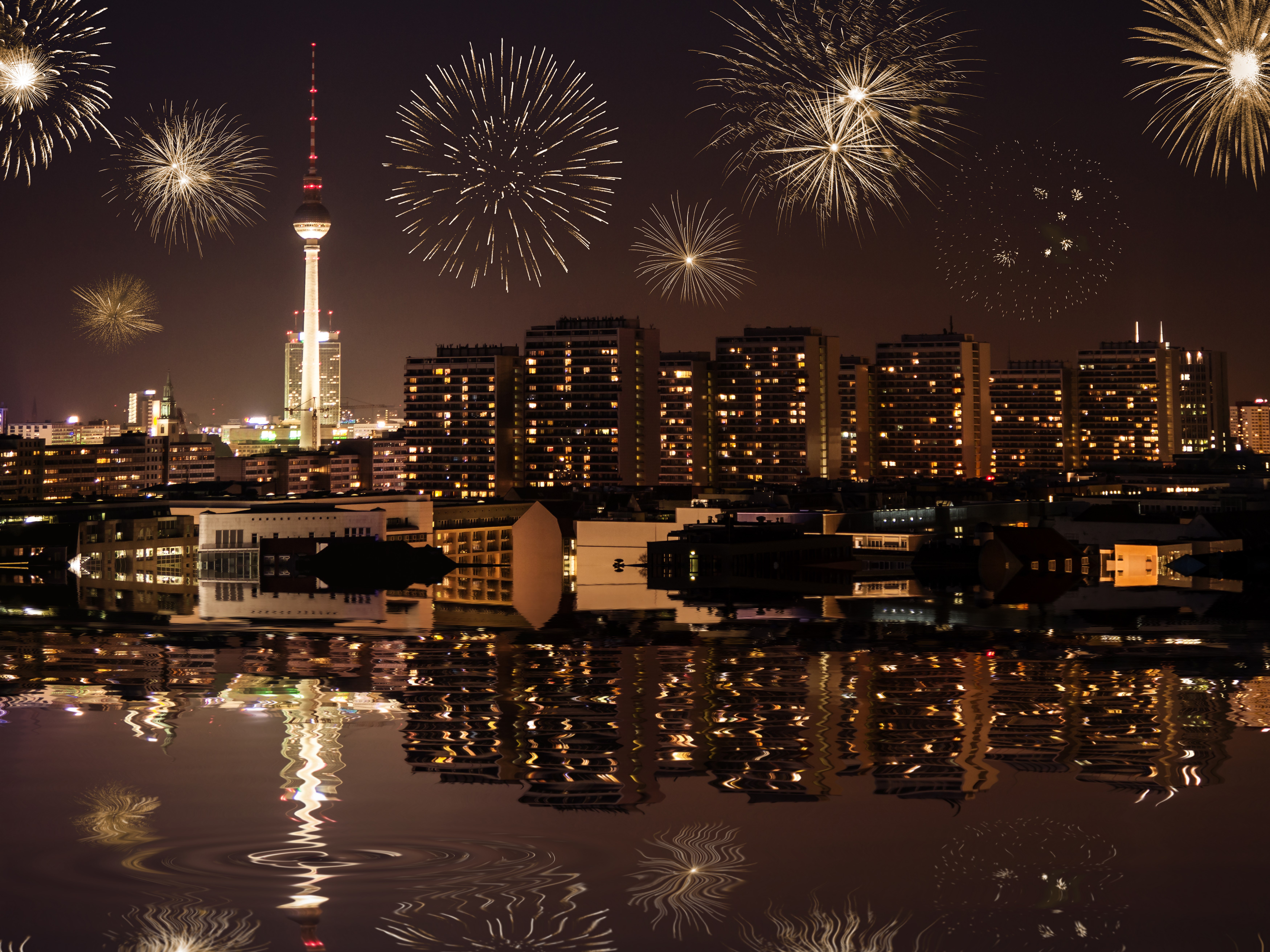 Berlin Skyline with Fireworks and TV Tower HD Wallpaper