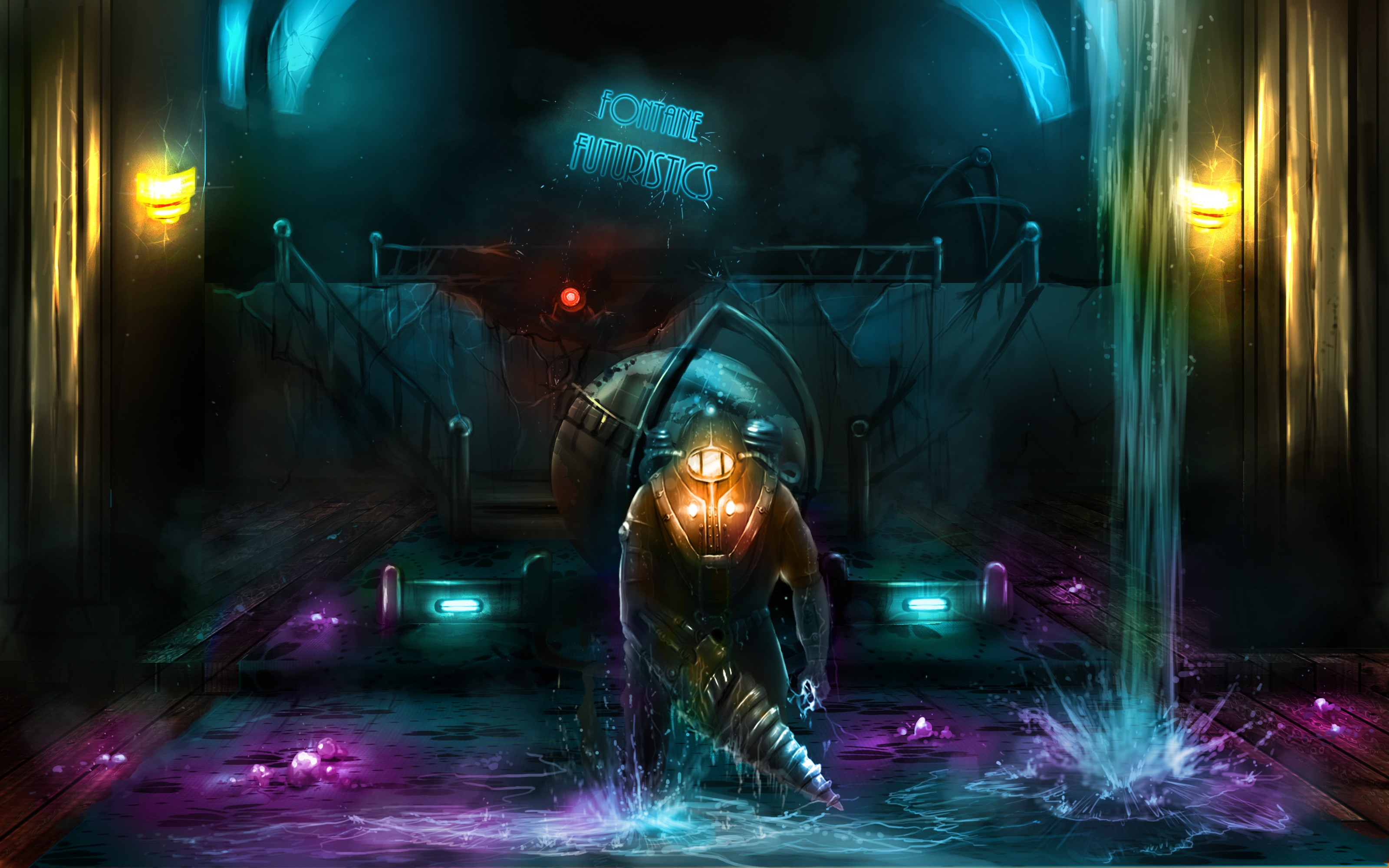 Big Daddy from BioShock in a flooded area HD Wallpaper