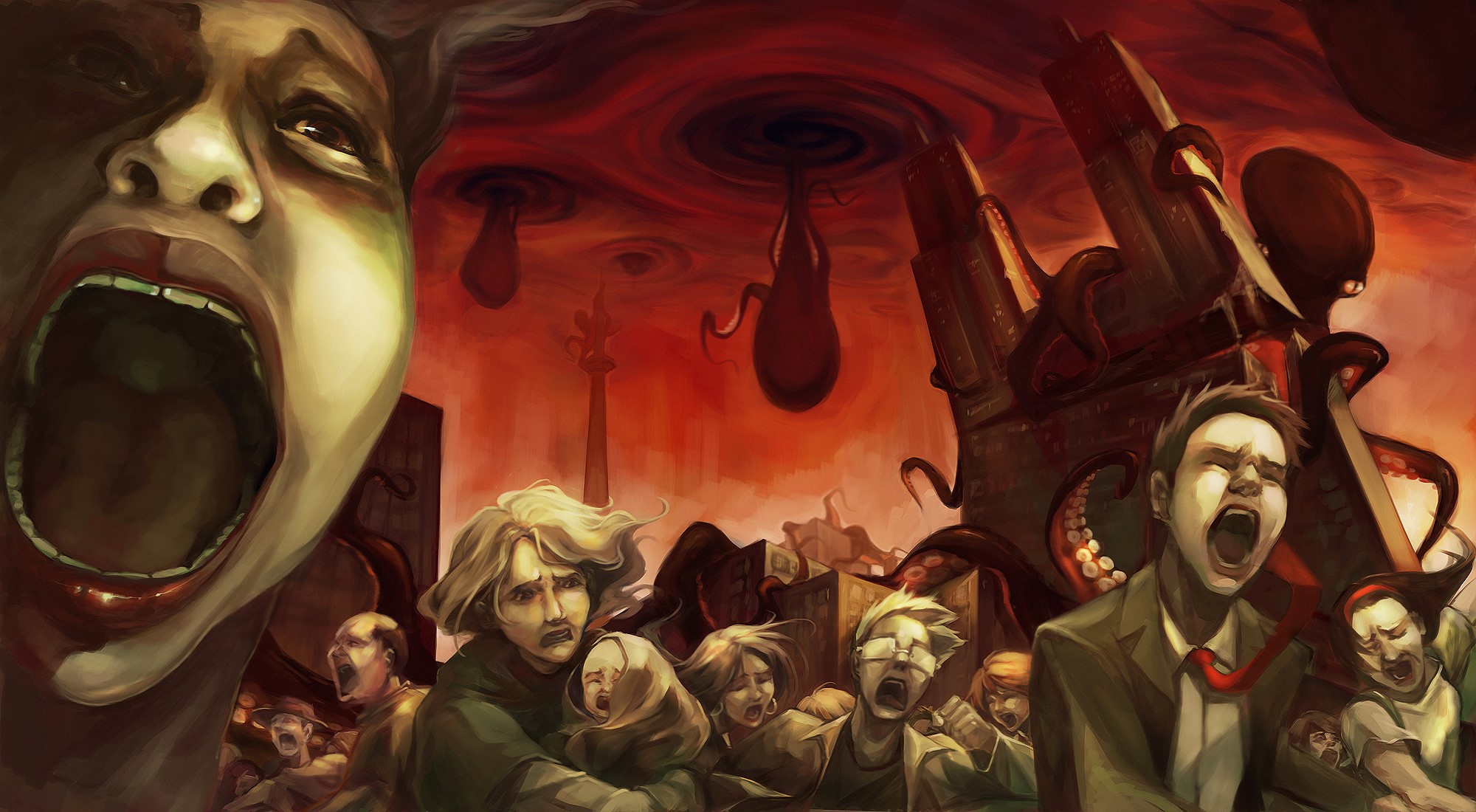 Apocalypse scene with screaming people and monstrous structures HD Wallpaper