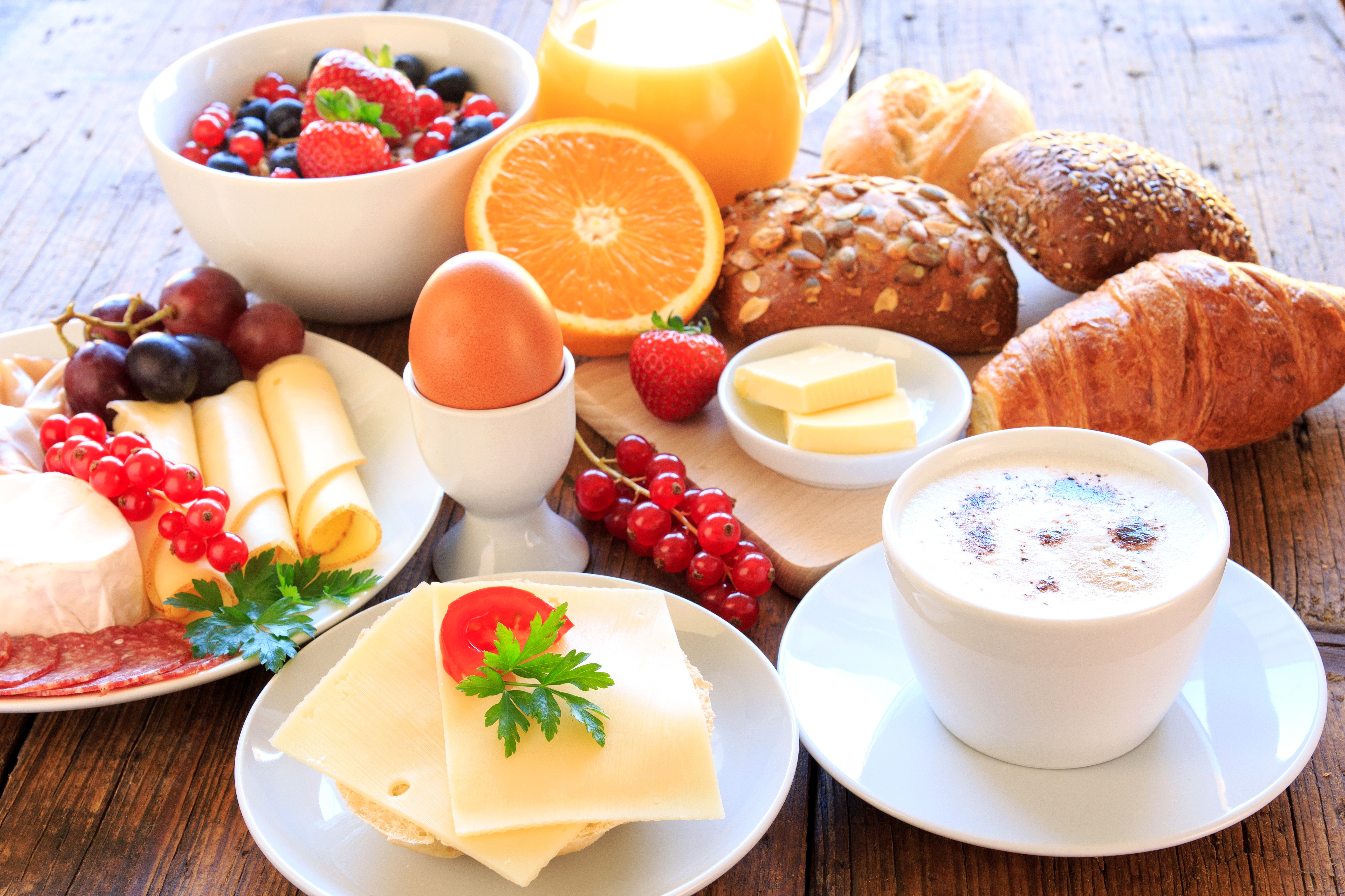 Breakfast with Coffee, Pastries, Fruit, and Cheese HD Wallpaper