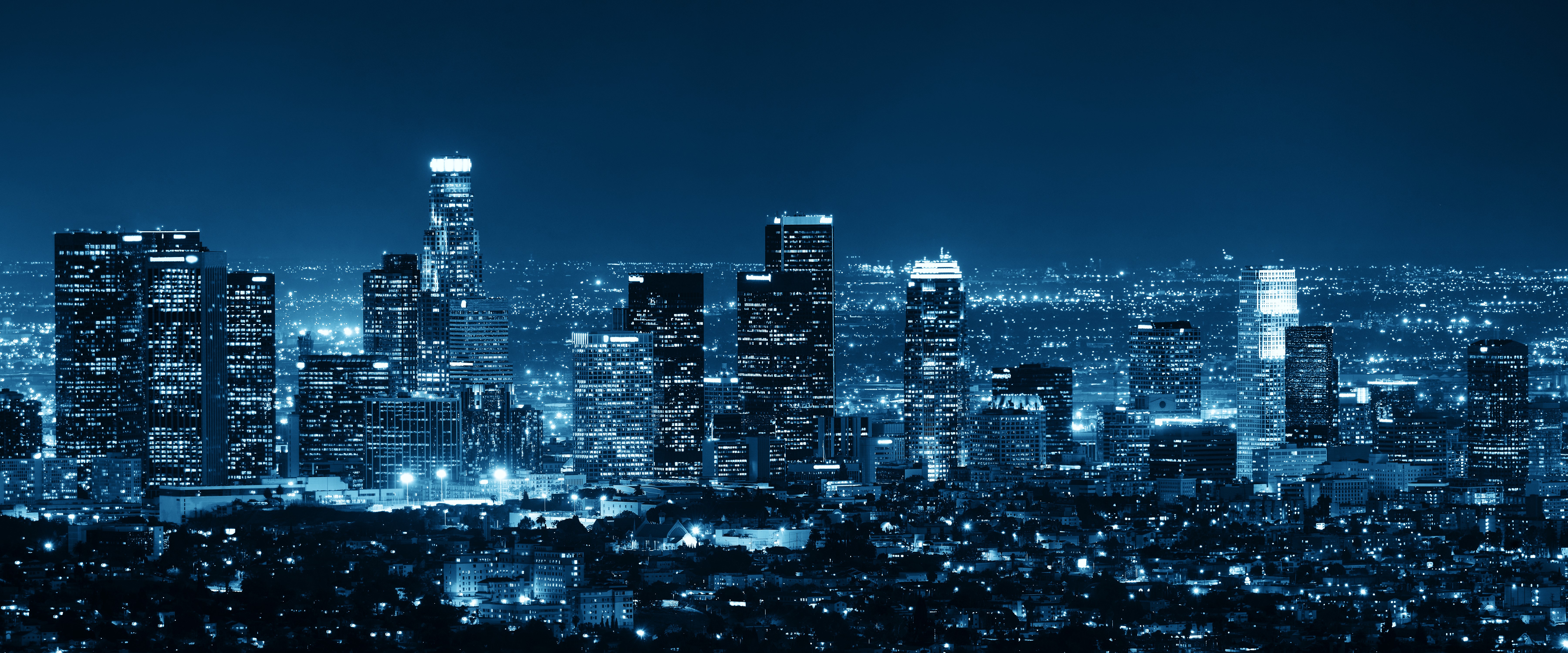 Los Angeles skyline at night with skyscrapers HD Wallpaper