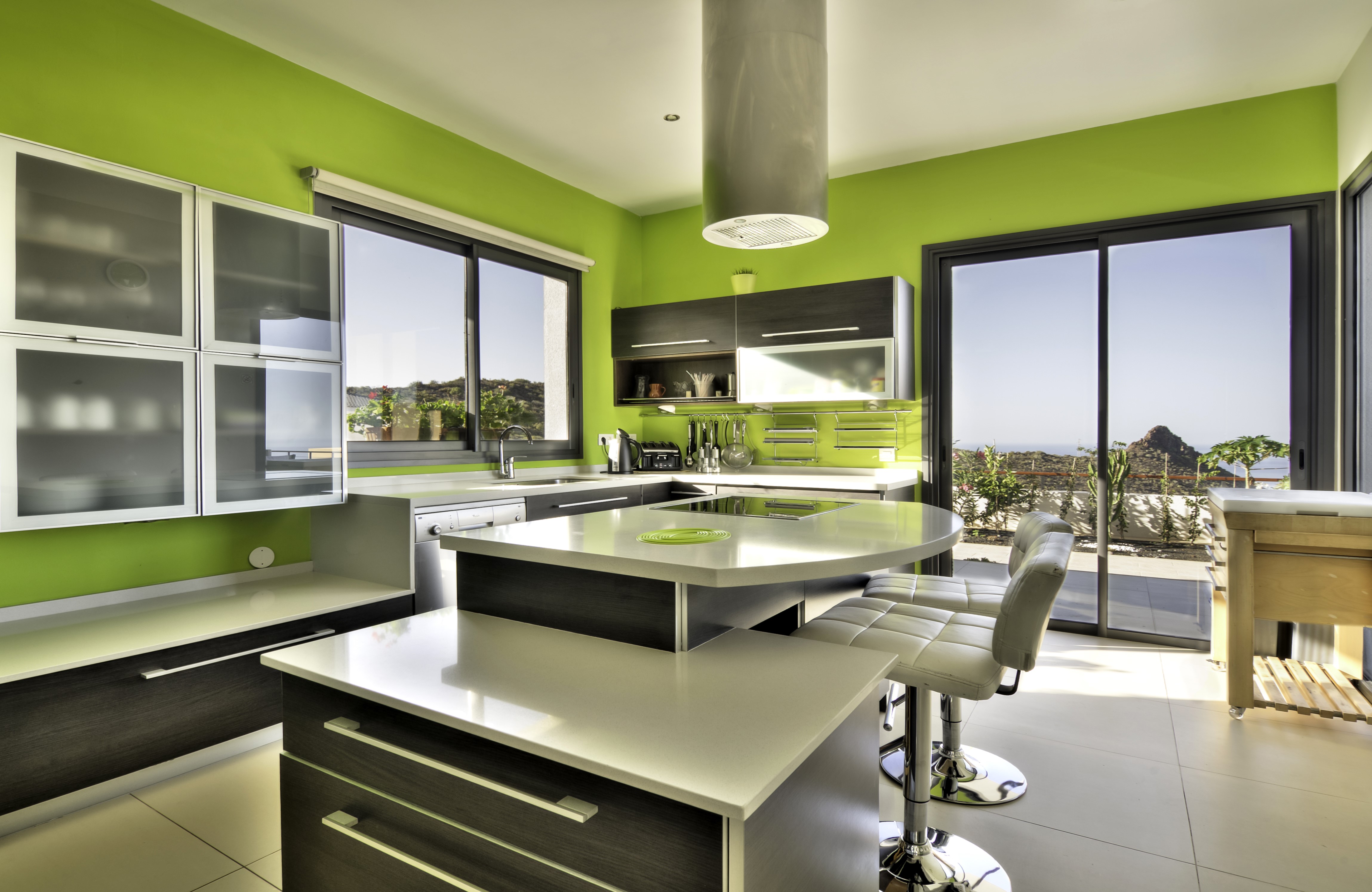 Modern Kitchen with Island and Ocean View HD Wallpaper