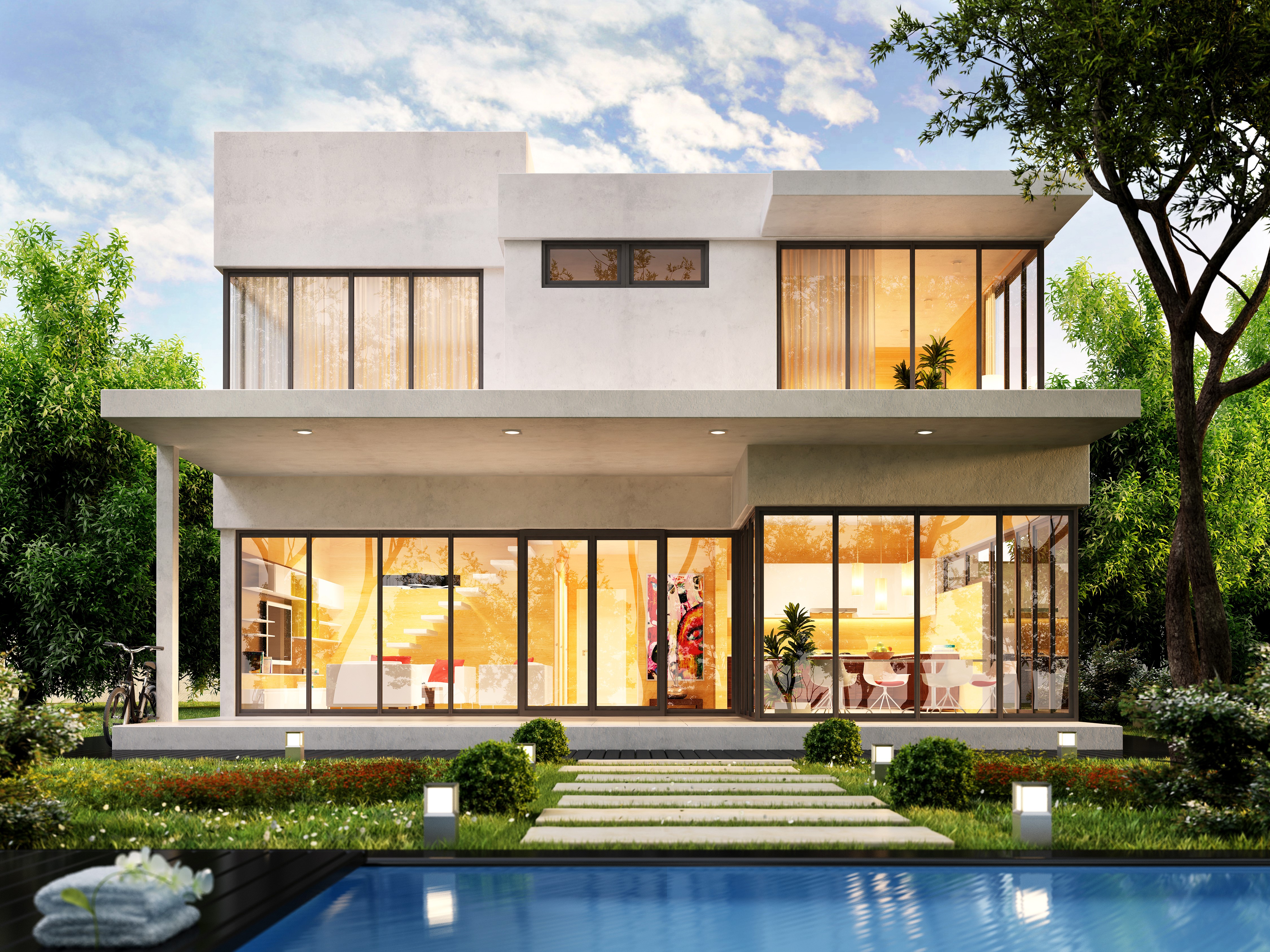 Modern Mansion with Pool and Garden HD Wallpaper