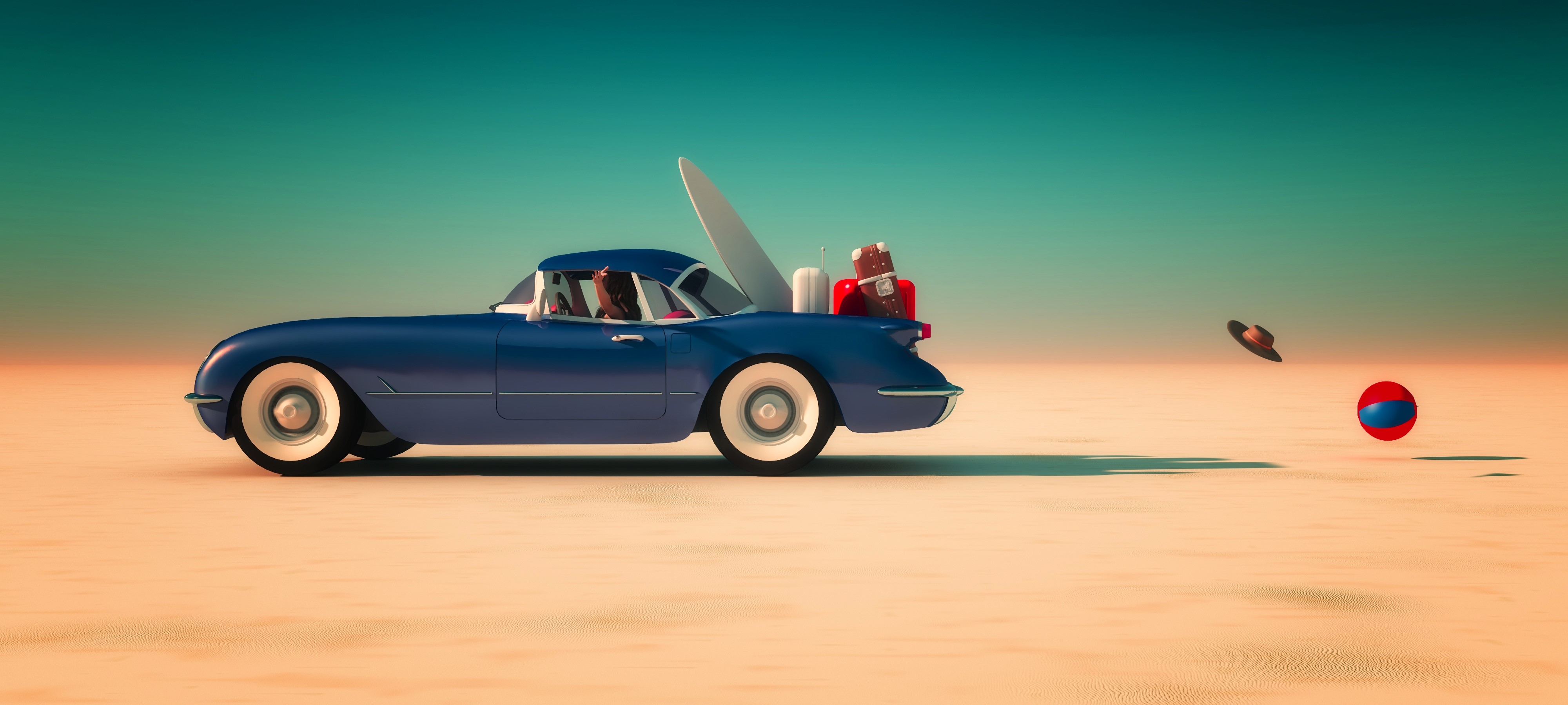 Blue convertible car with surfboard and luggage on a beach HD Wallpaper