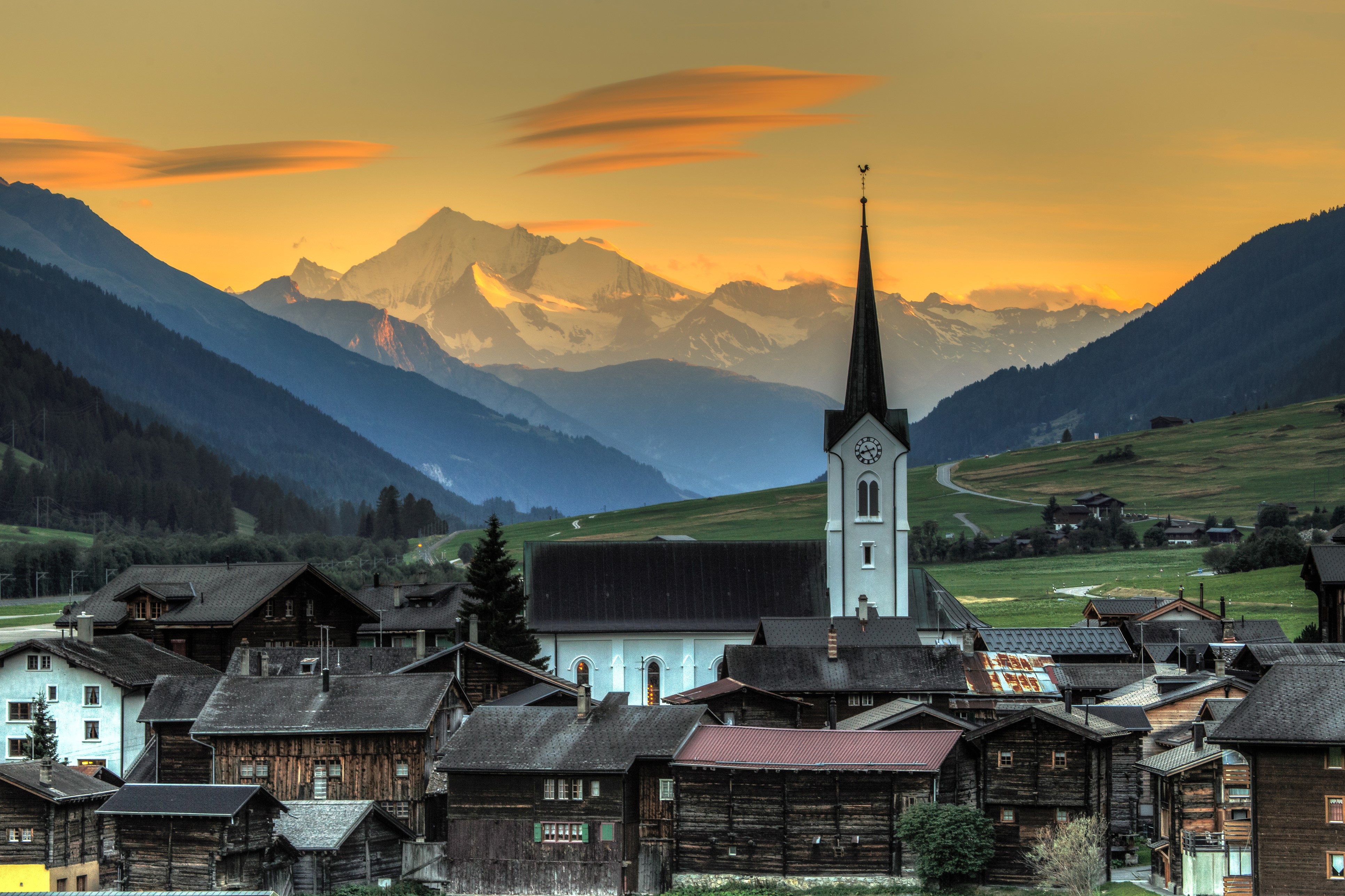 4K Ulrichen Goms Switzerland Evening Mountains Houses HD Wallpaper