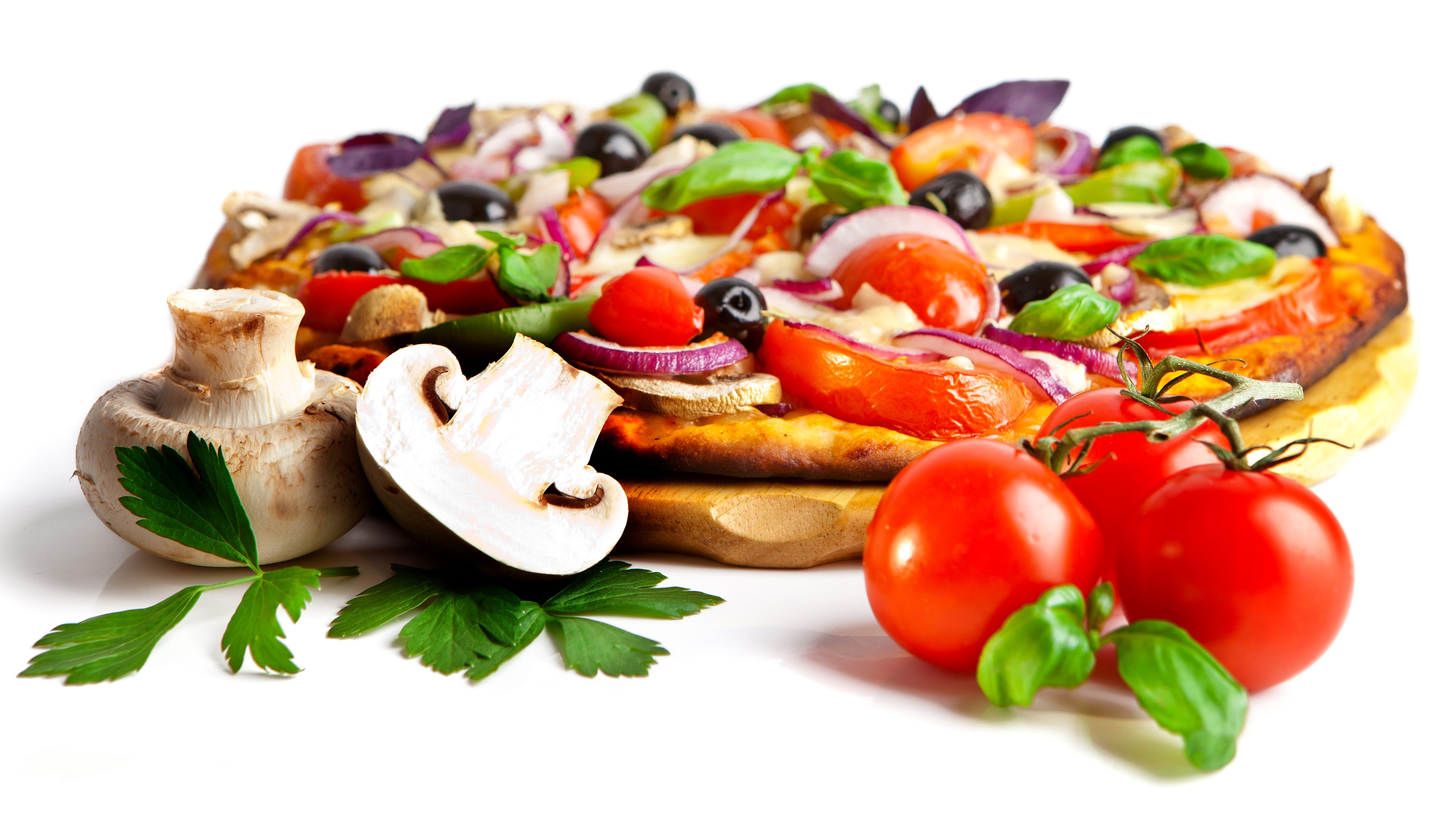 Pizza with Tomatoes and Mushrooms on White Background HD Wallpaper