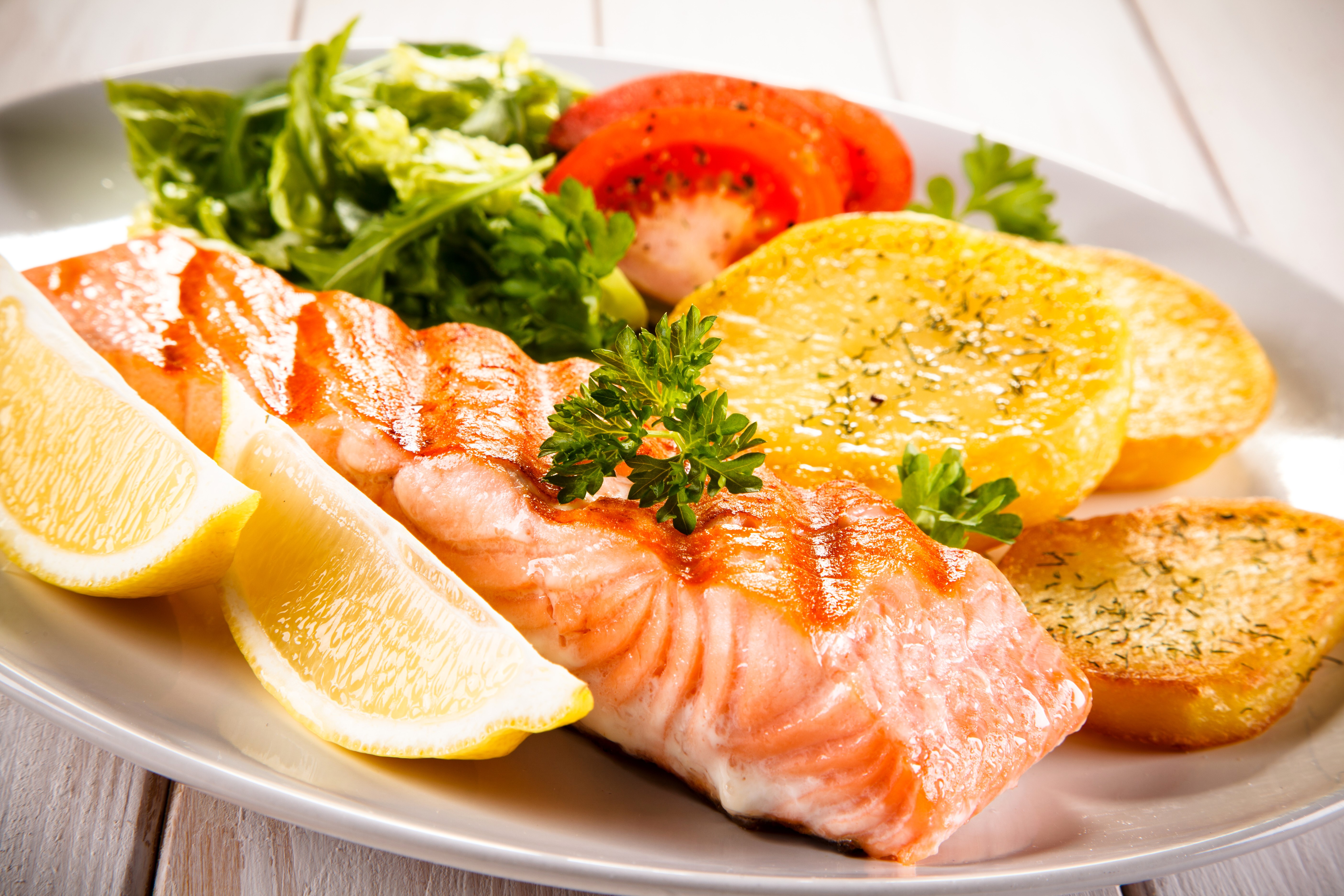 Grilled Salmon with Potatoes, Salad, and Lemon HD Wallpaper