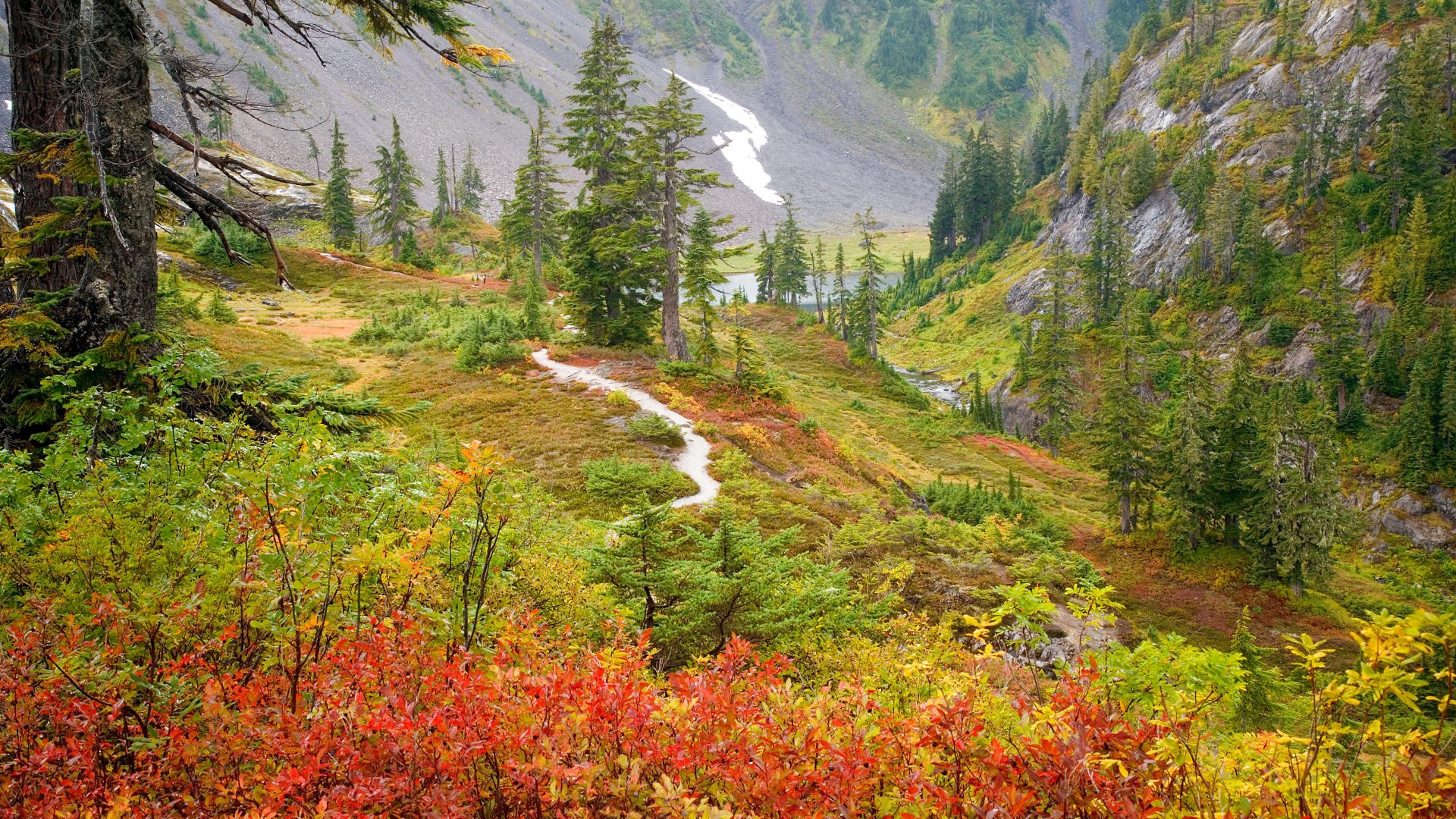 Autumn mountain landscape with a hiking trail and lake HD Wallpaper