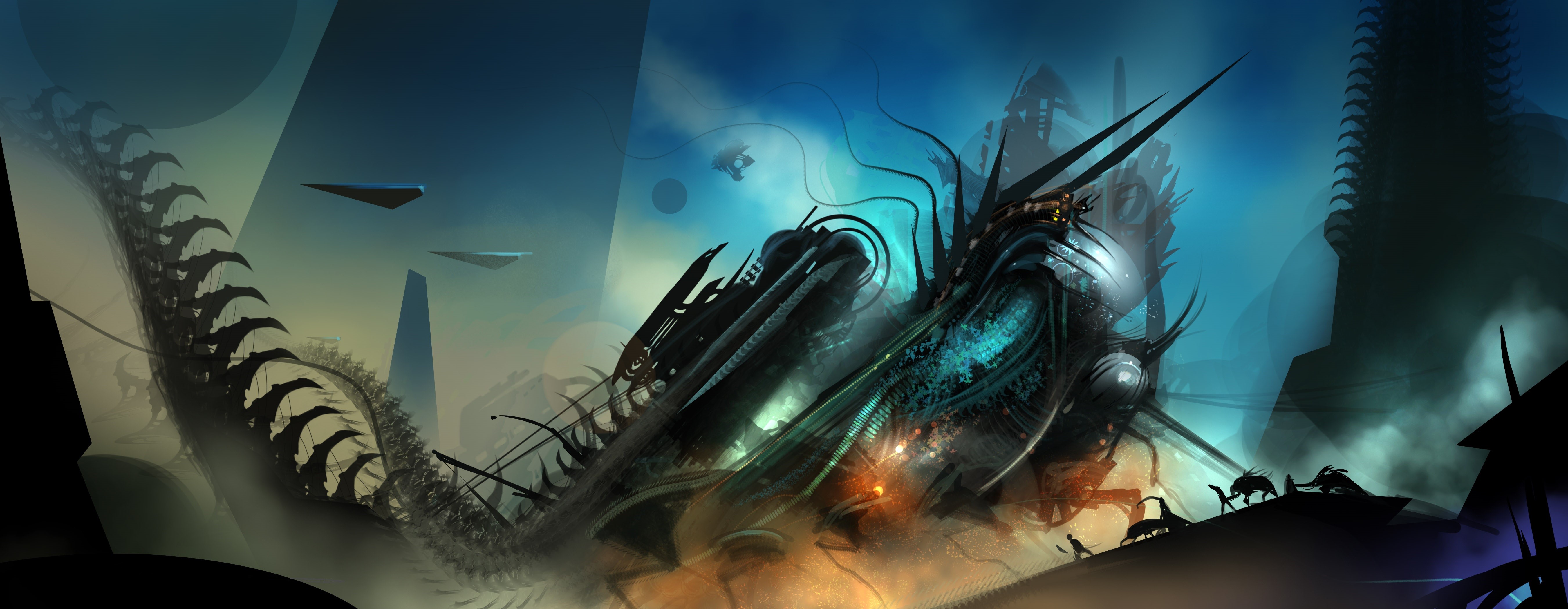 Technics Fantasy Landscape with Flying Ships HD Wallpaper