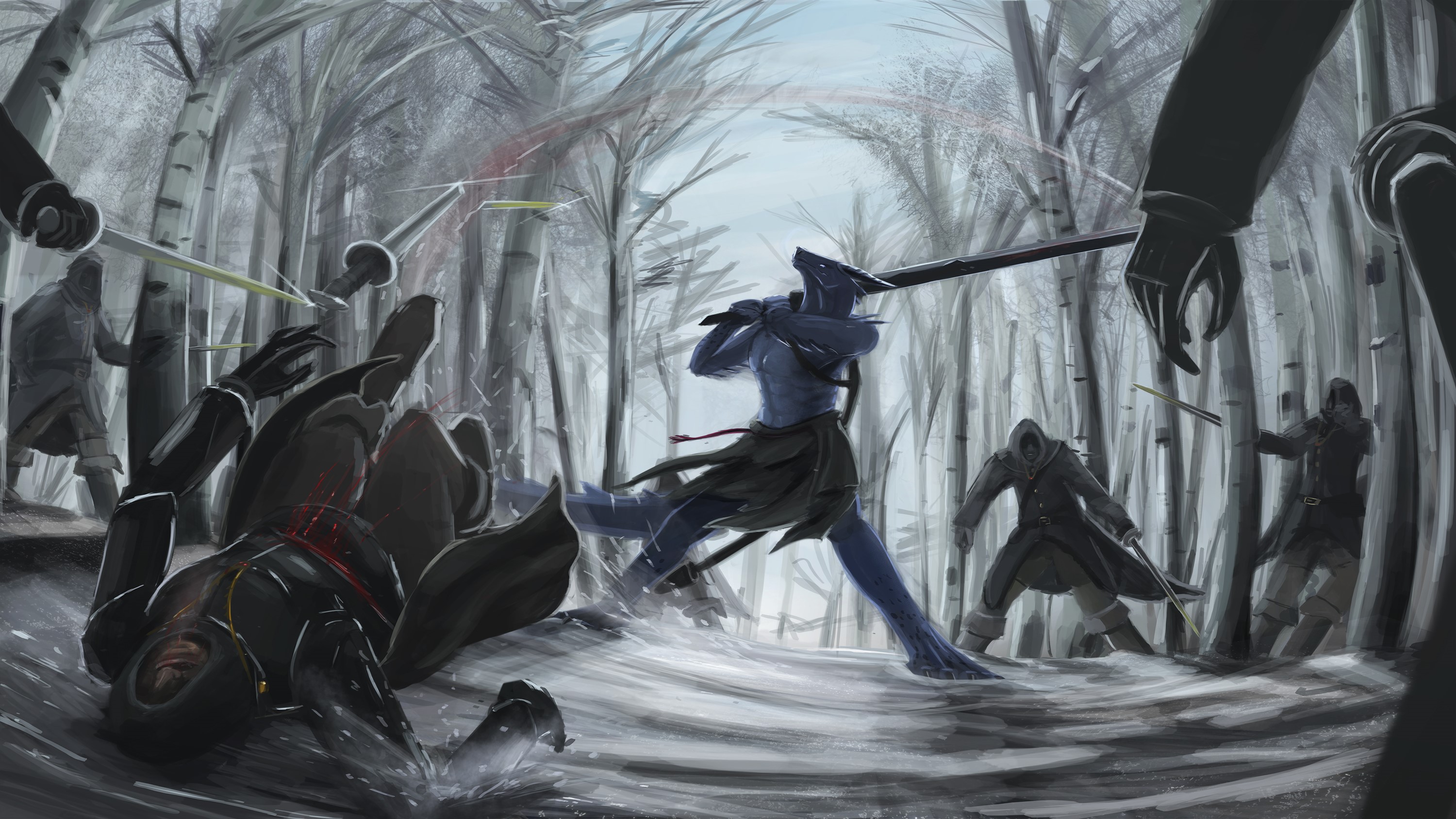 Warriors battling in a snowy forest HD Wallpaper