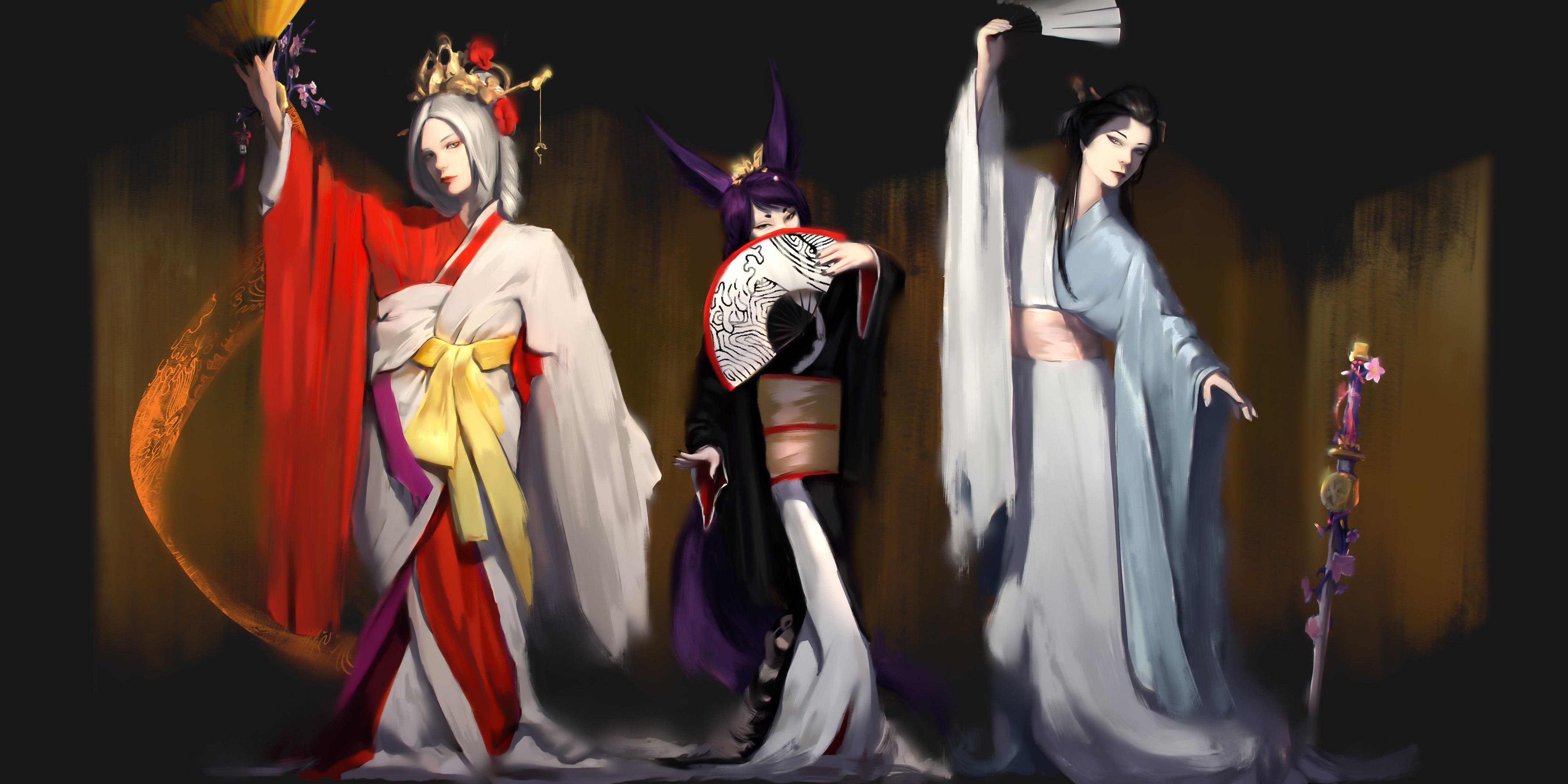 Three women in kimonos holding fans HD Wallpaper