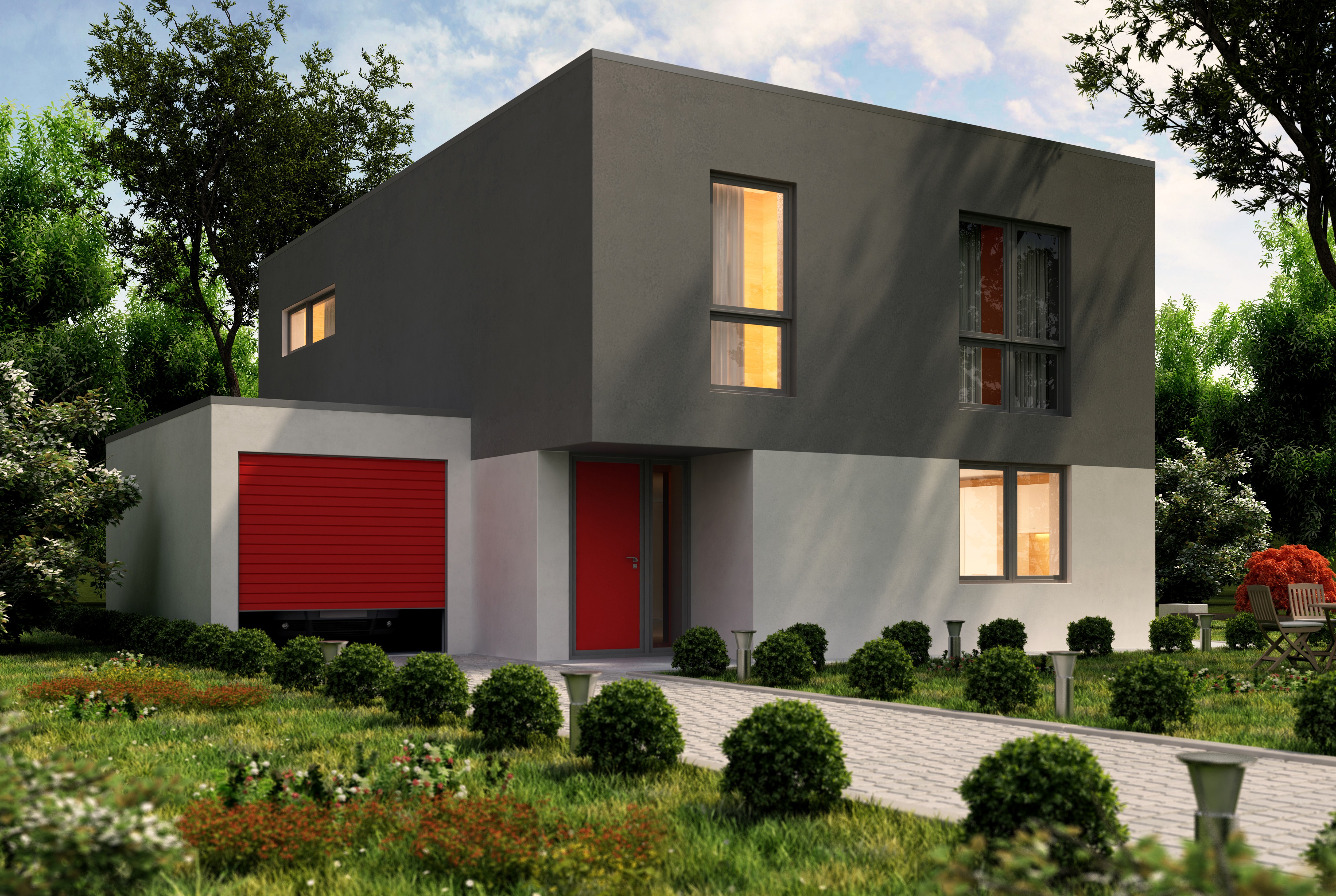 Modern House with Garage and Garden HD Wallpaper