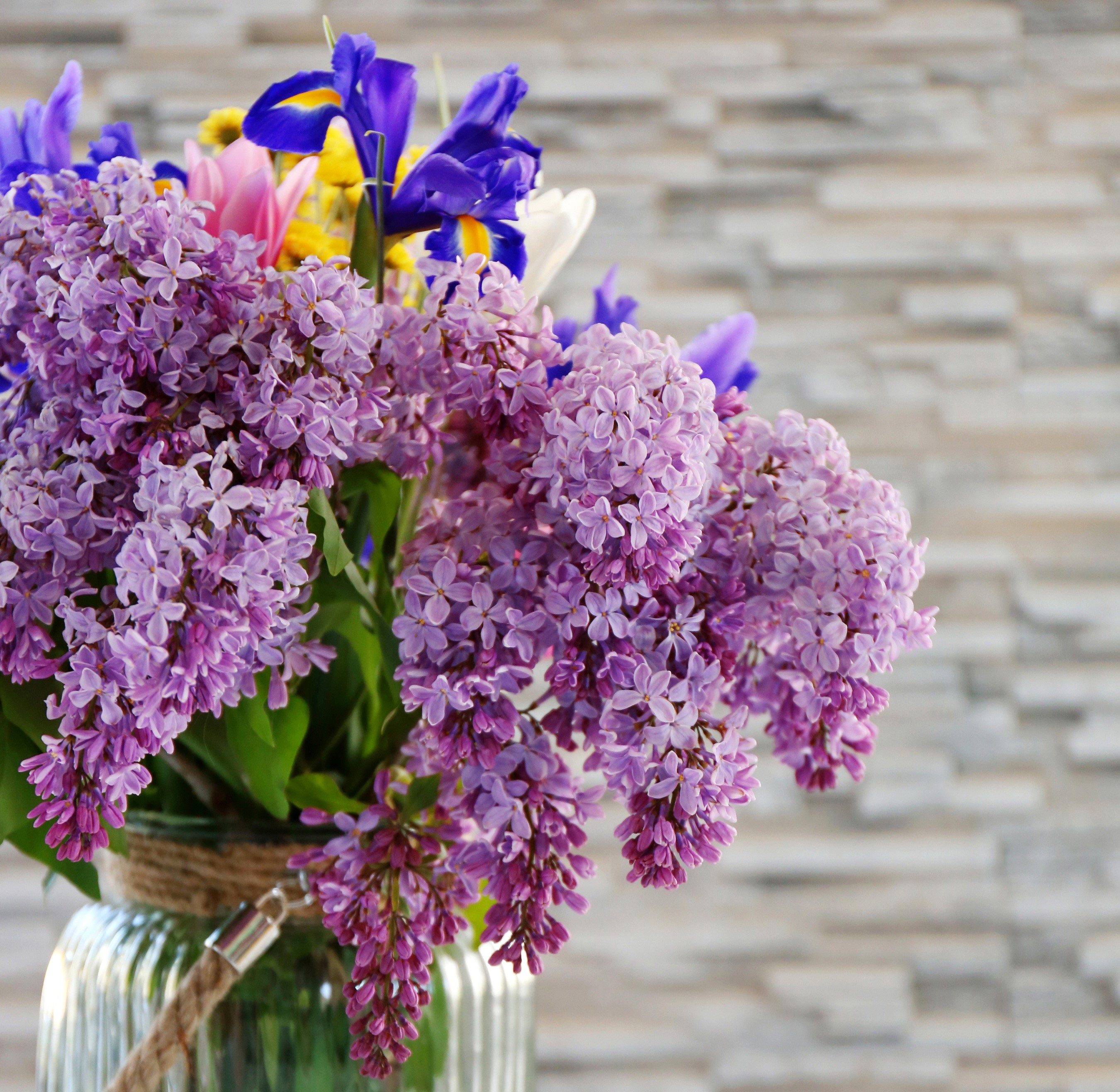 Bouquet of Lilacs and Irises in a Glass Vase HD Wallpaper