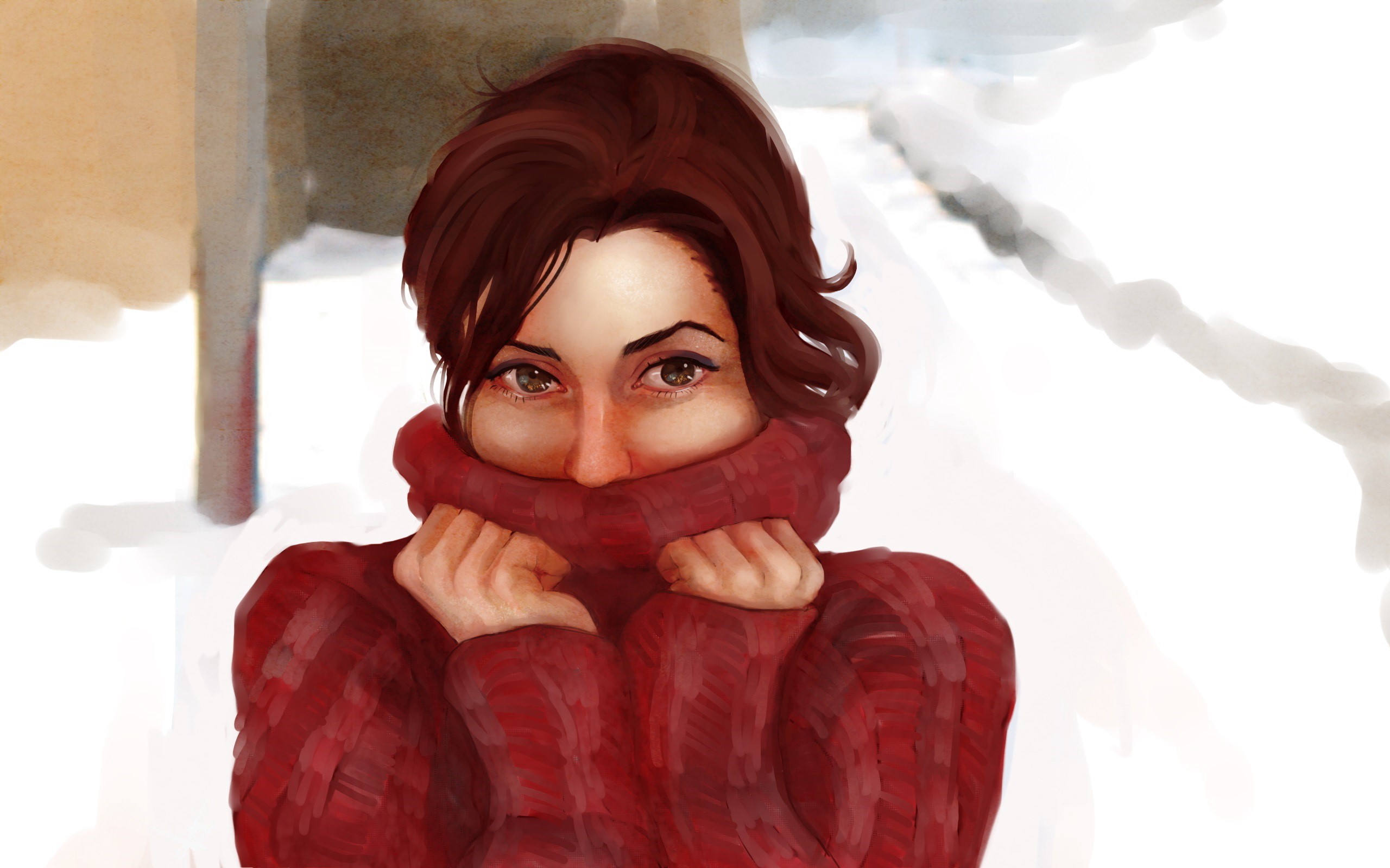 Painting of a woman in a red sweater in the snow HD Wallpaper