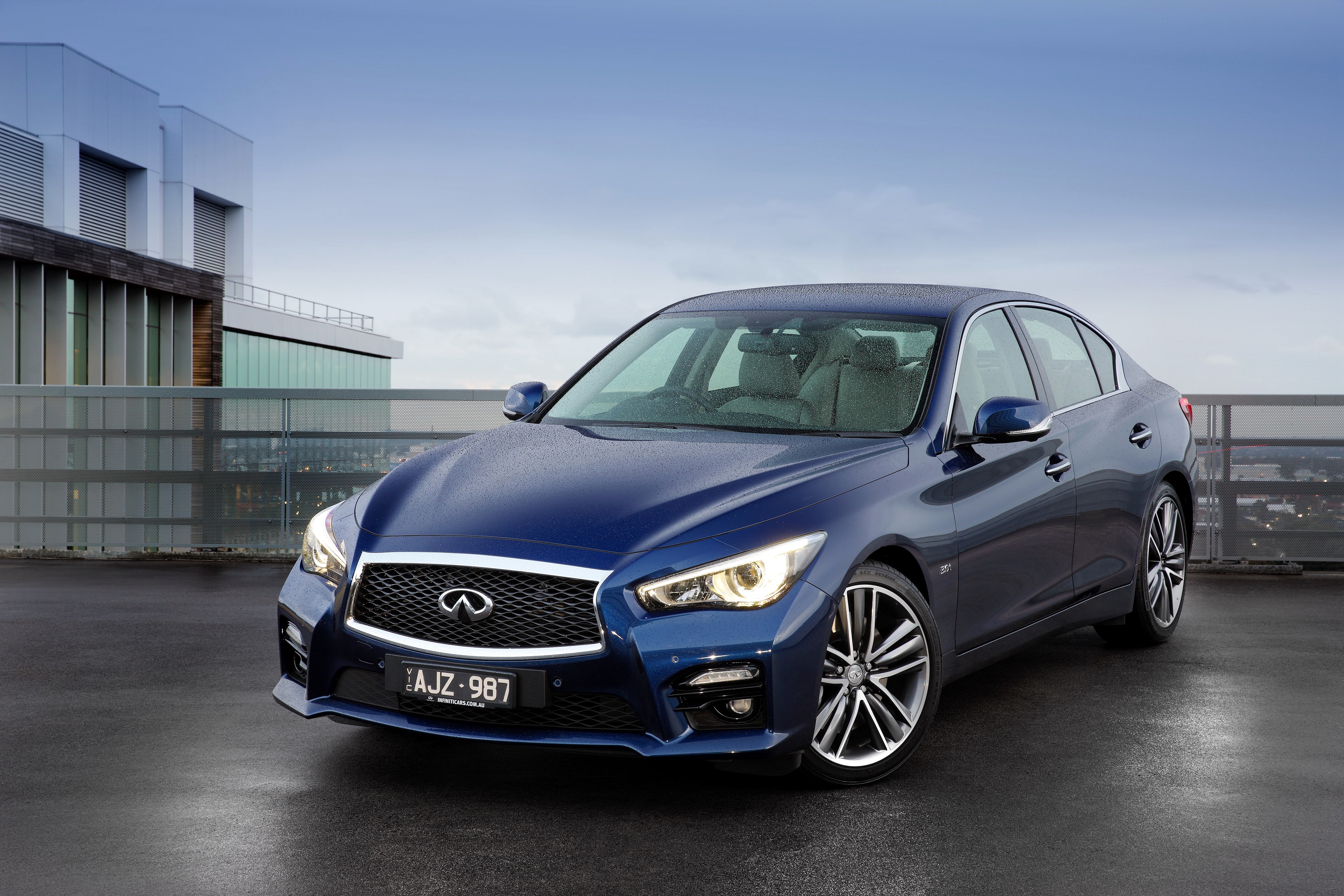 4K Blue Infiniti Q50S 3.0t with Drops HD Wallpaper