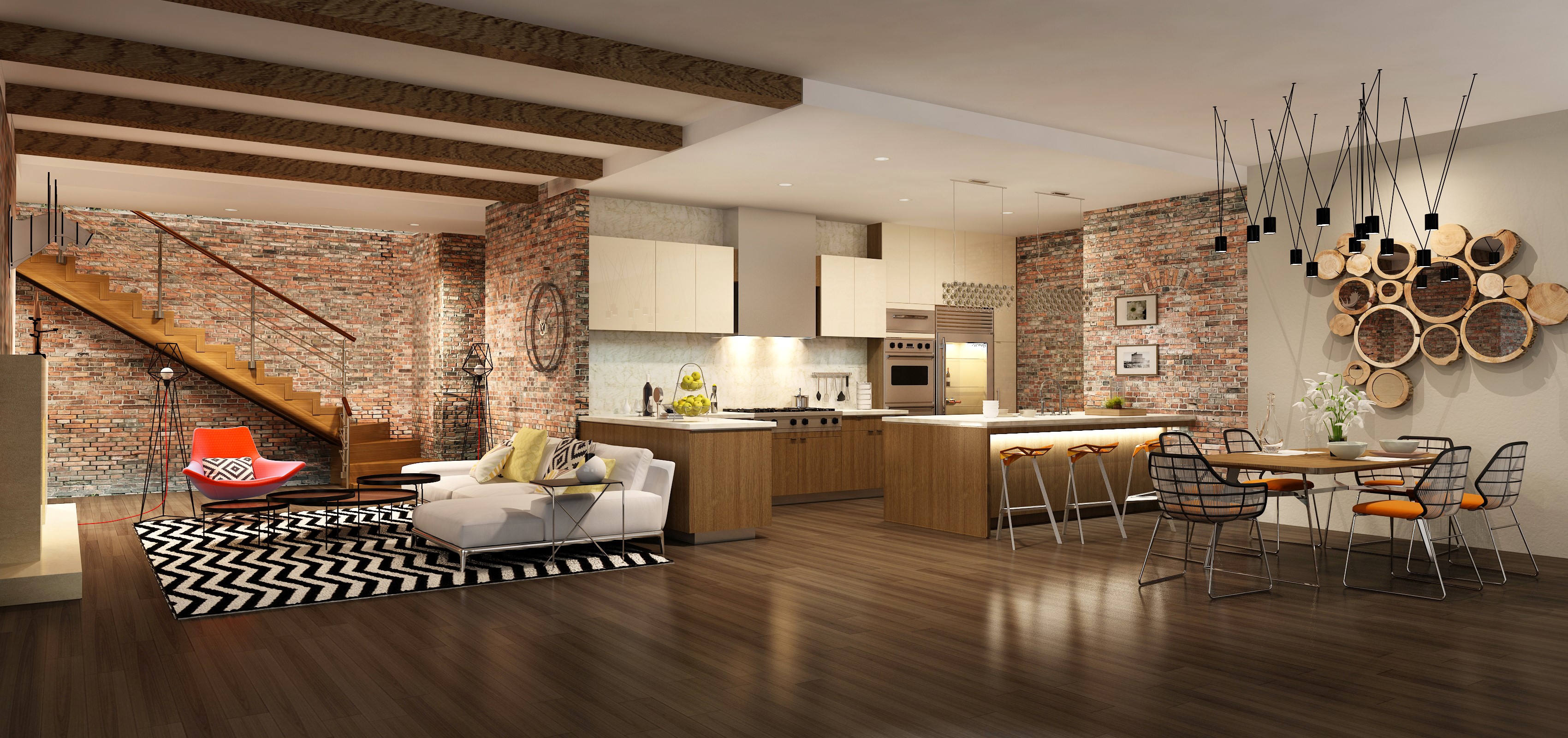 Loft interior with exposed brick, kitchen, dining area, and living room HD Wallpaper