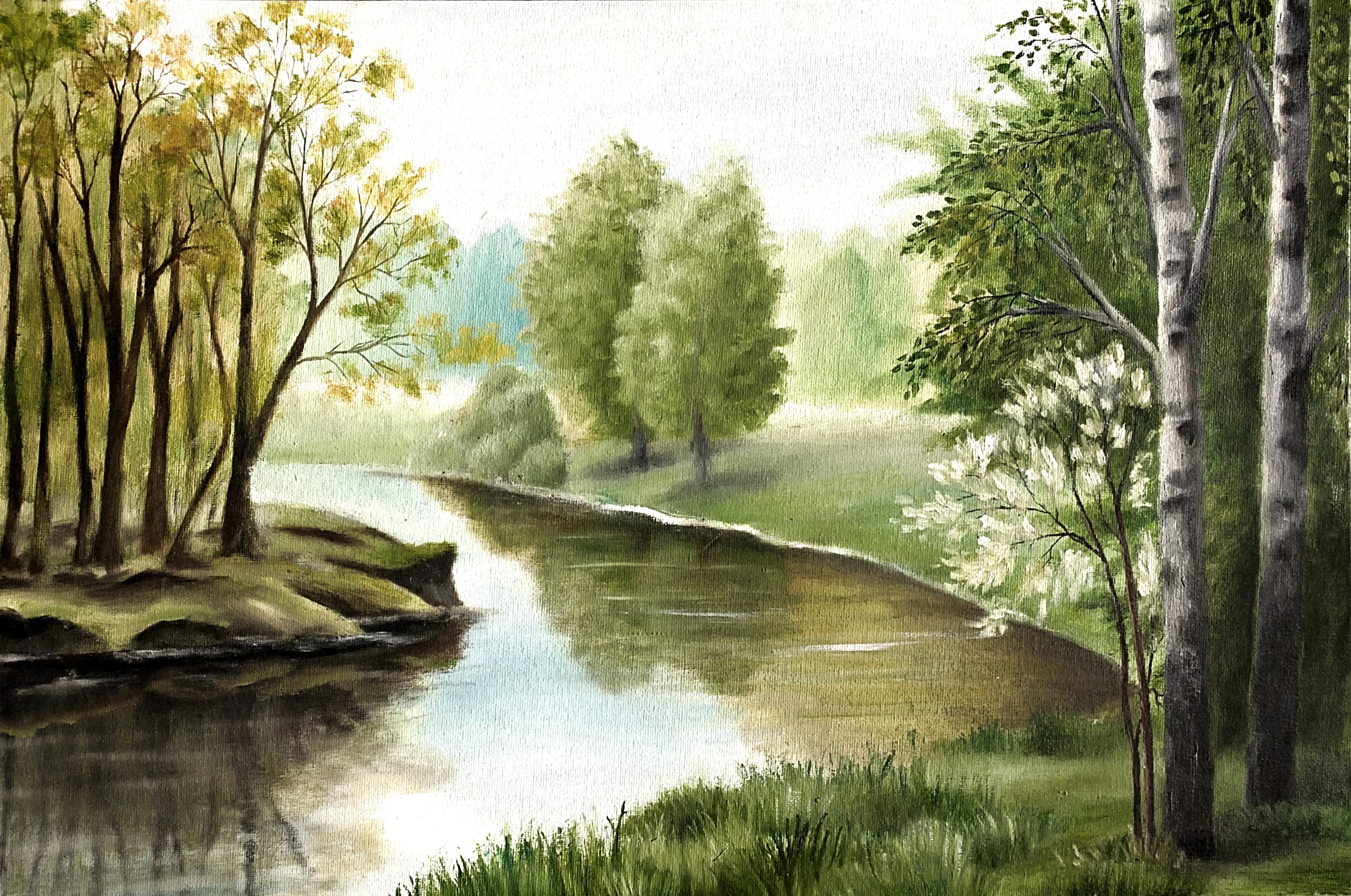 Painting of a river flowing through a forest with trees HD Wallpaper