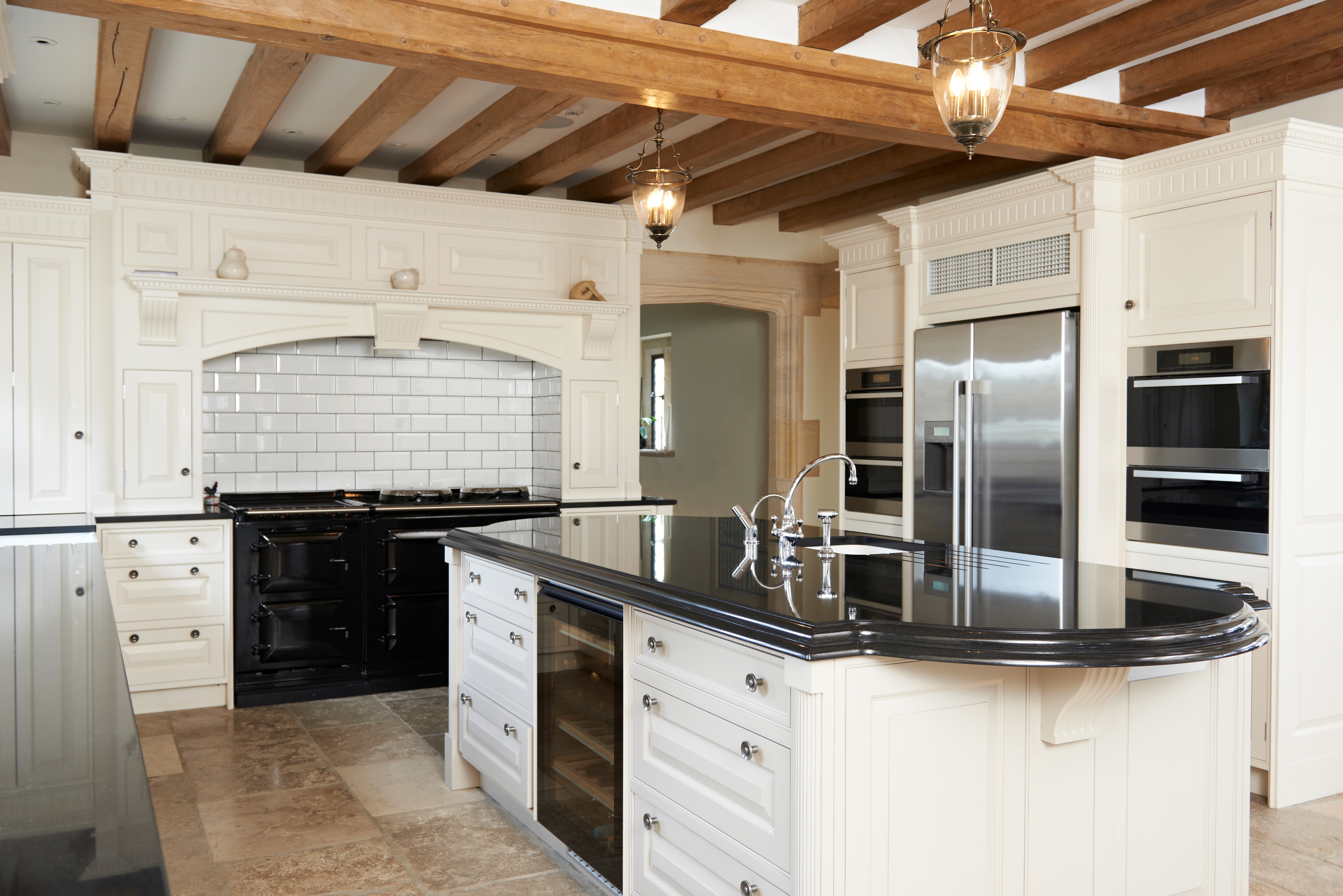 Kitchen Interior Design with Wooden Beams and Island HD Wallpaper