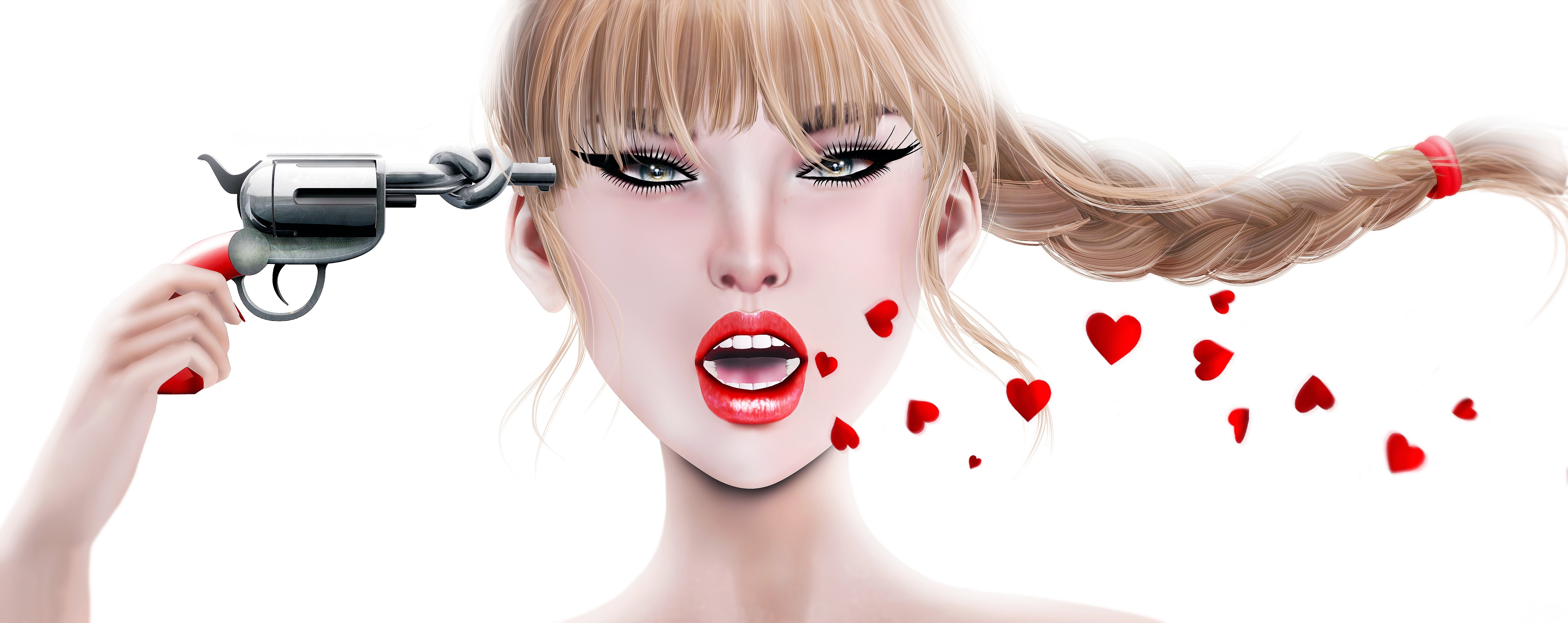 Woman with gun to head and hearts HD Wallpaper