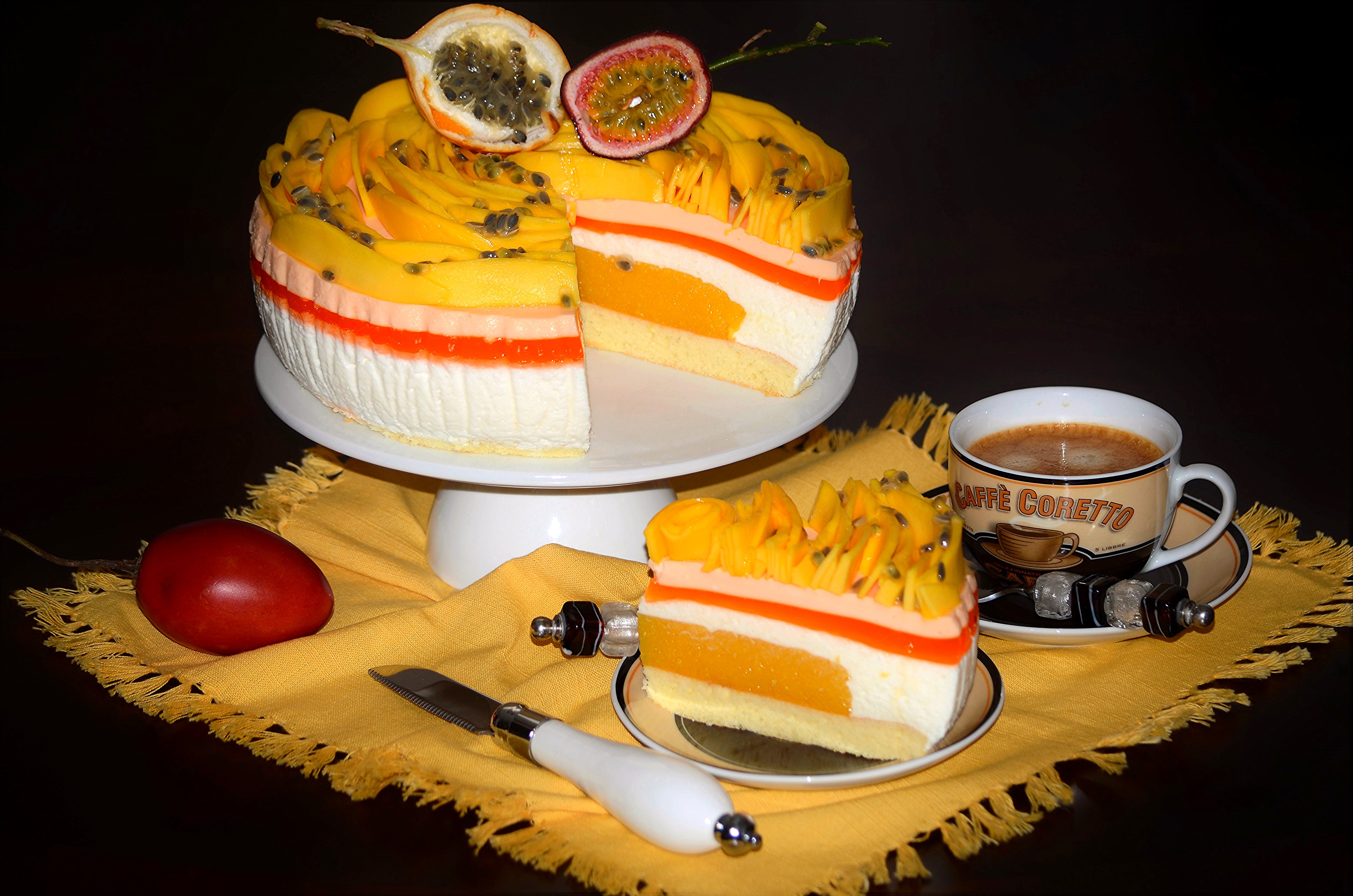 4K Cake with Passion Fruit and Mango, Coffee Cup HD Wallpaper