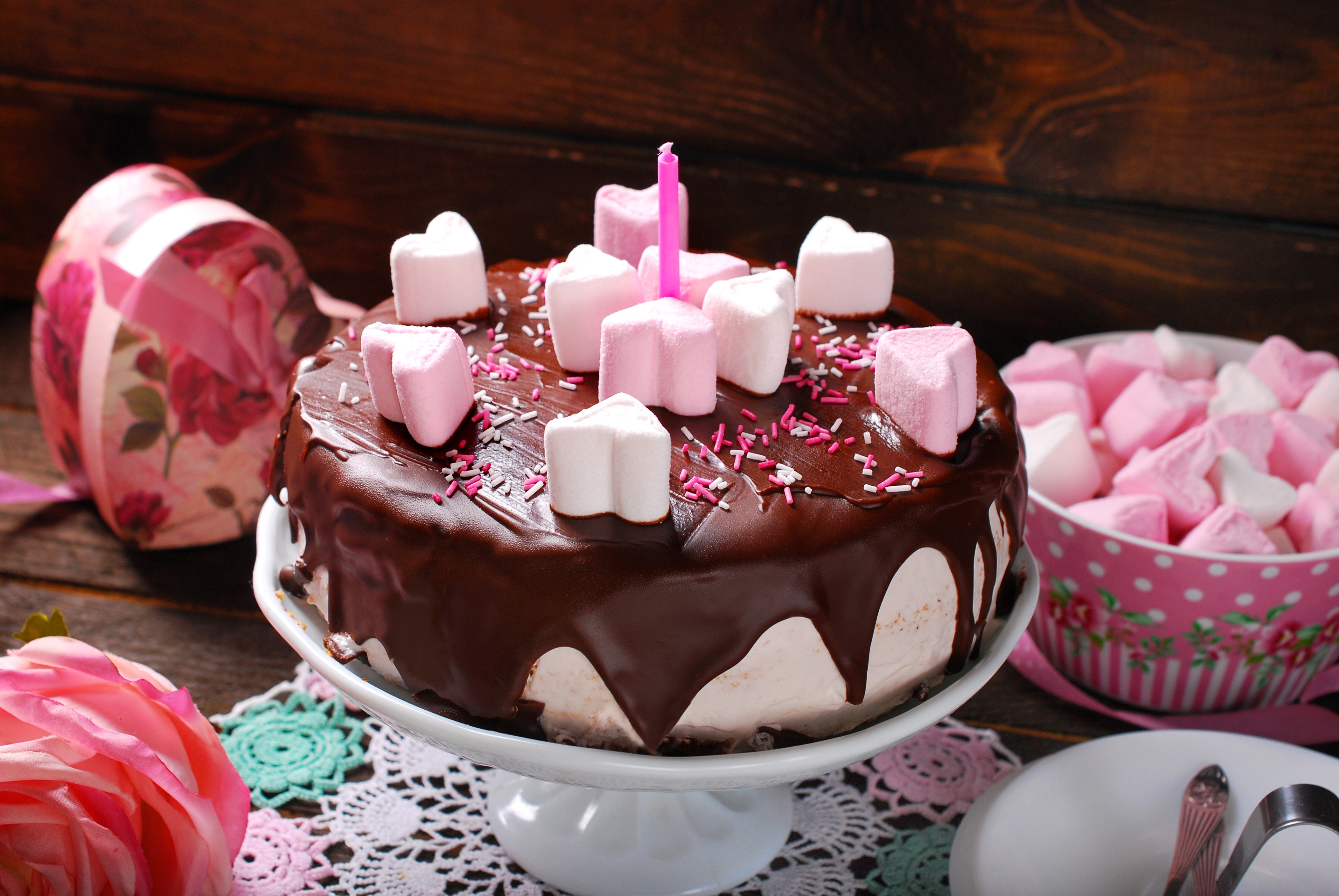 Chocolate cake with marshmallows and a candle HD Wallpaper