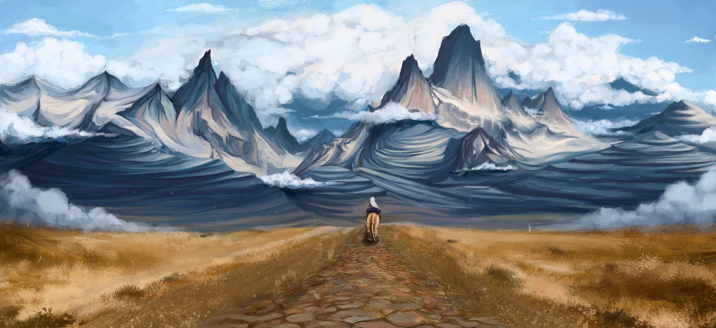 Person on horseback on a path towards mountains HD Wallpaper
