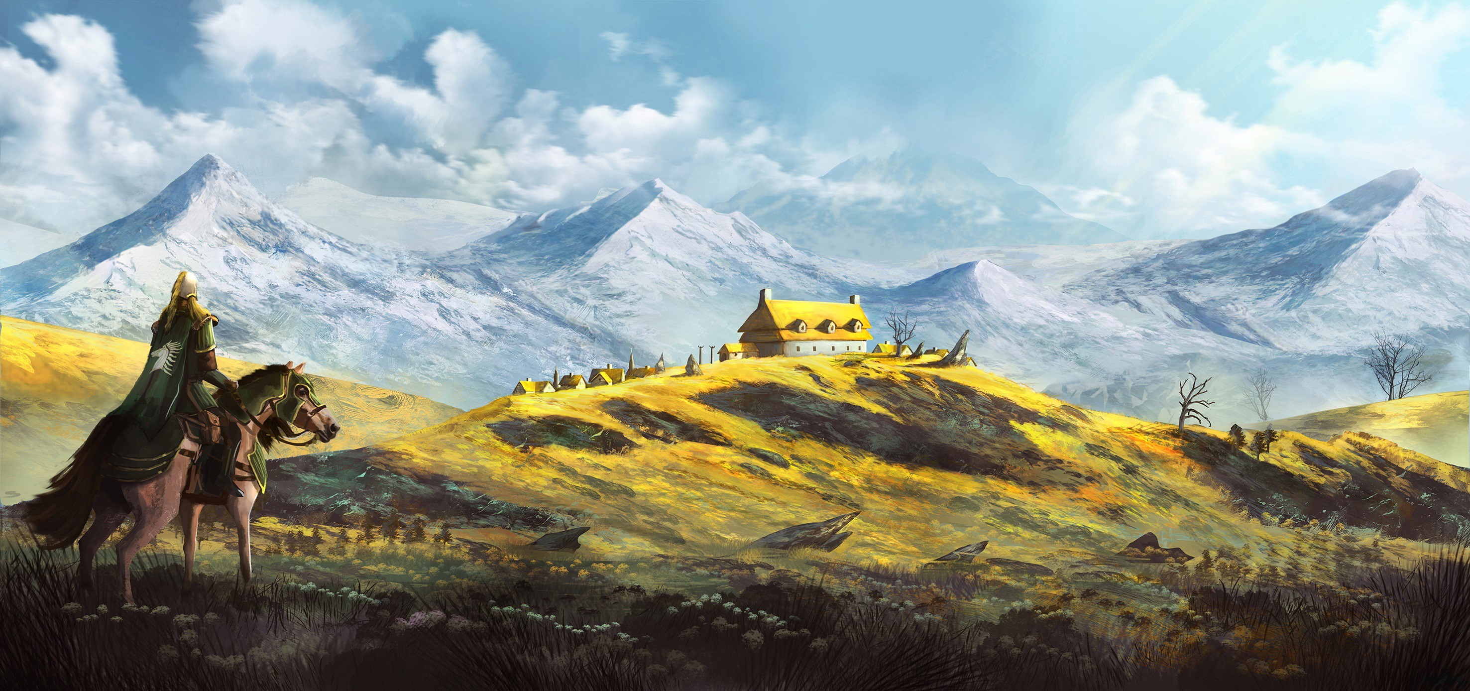 Warrior on horseback in front of snowy mountains and a village HD Wallpaper