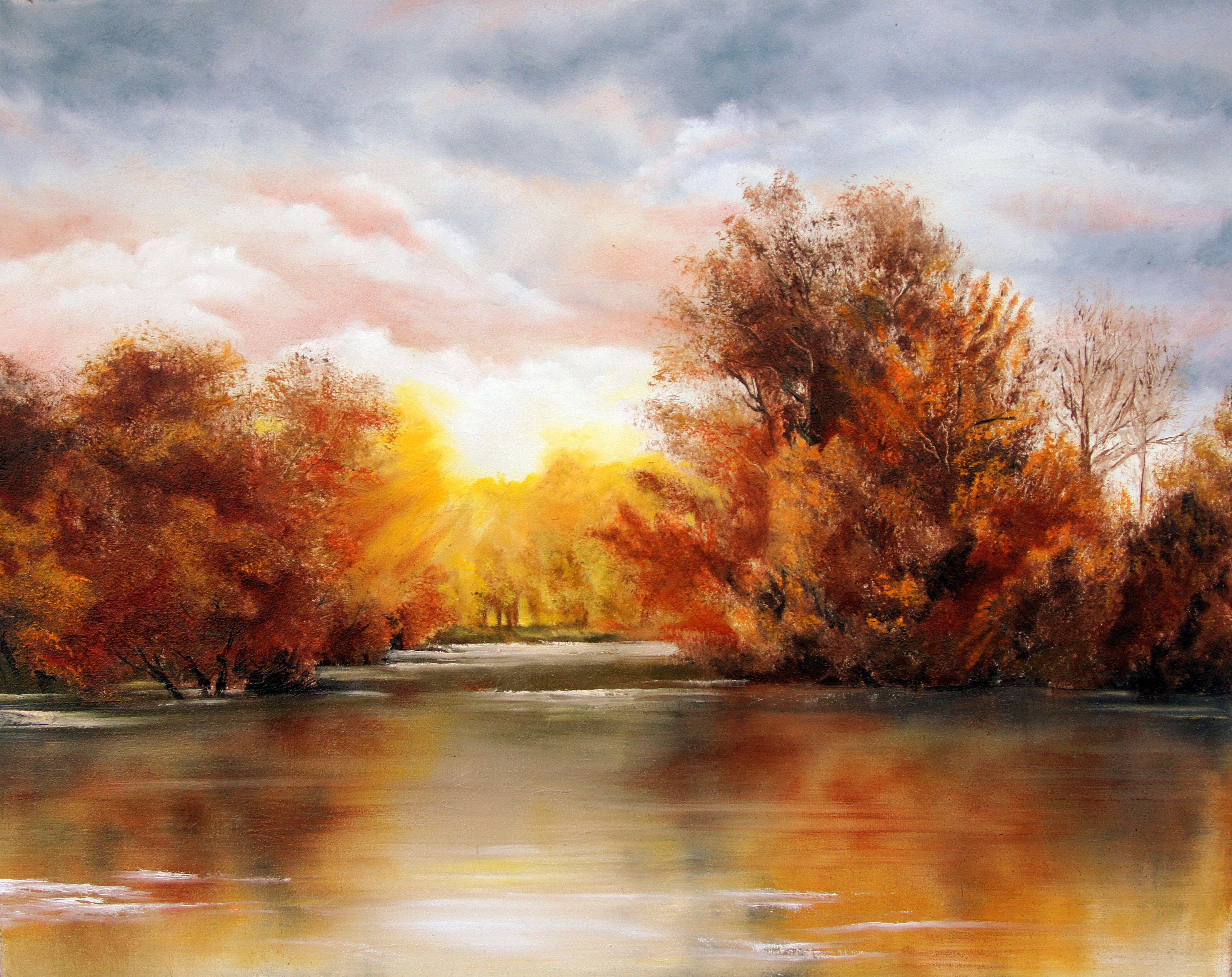 Autumn trees reflected in a river at sunset HD Wallpaper