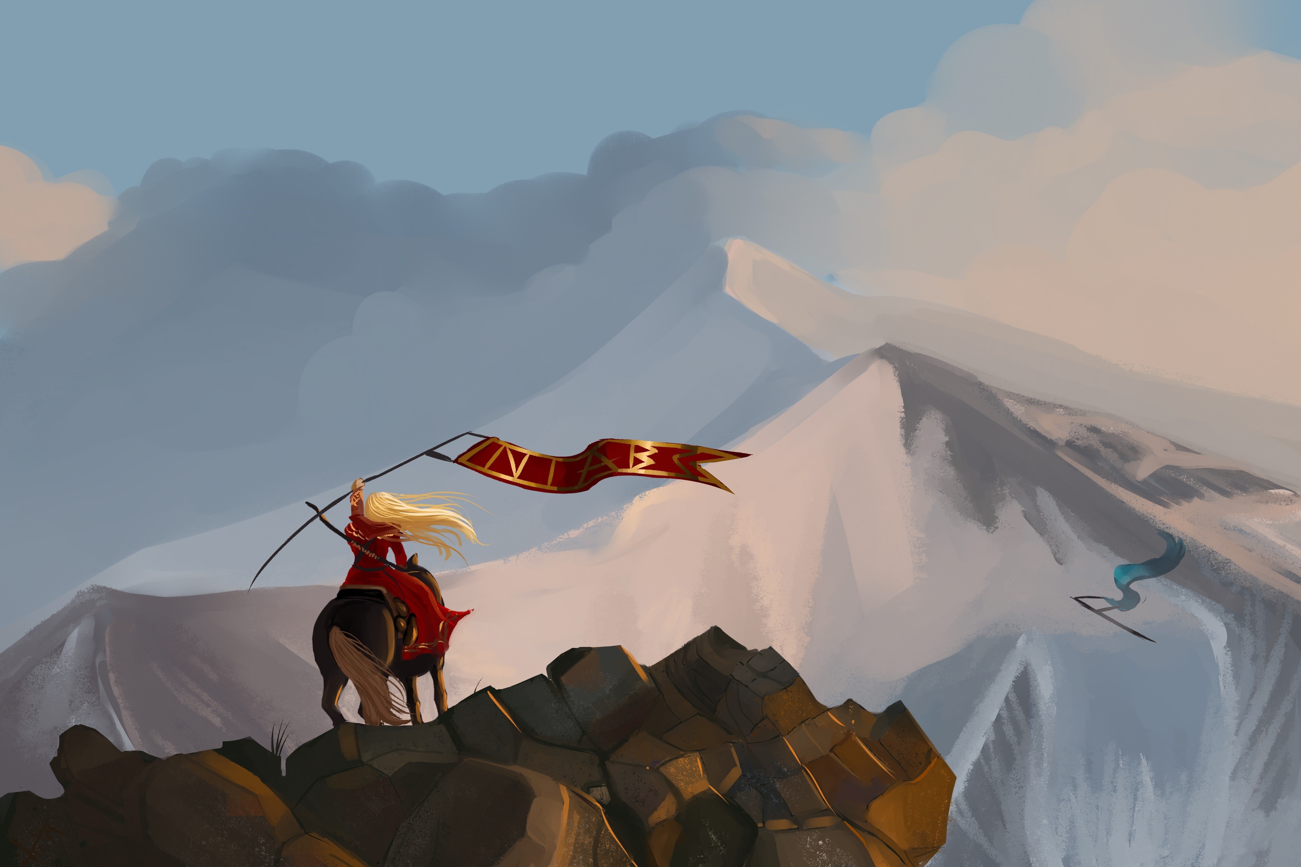 Warrior with Banner on Horseback in Mountains HD Wallpaper