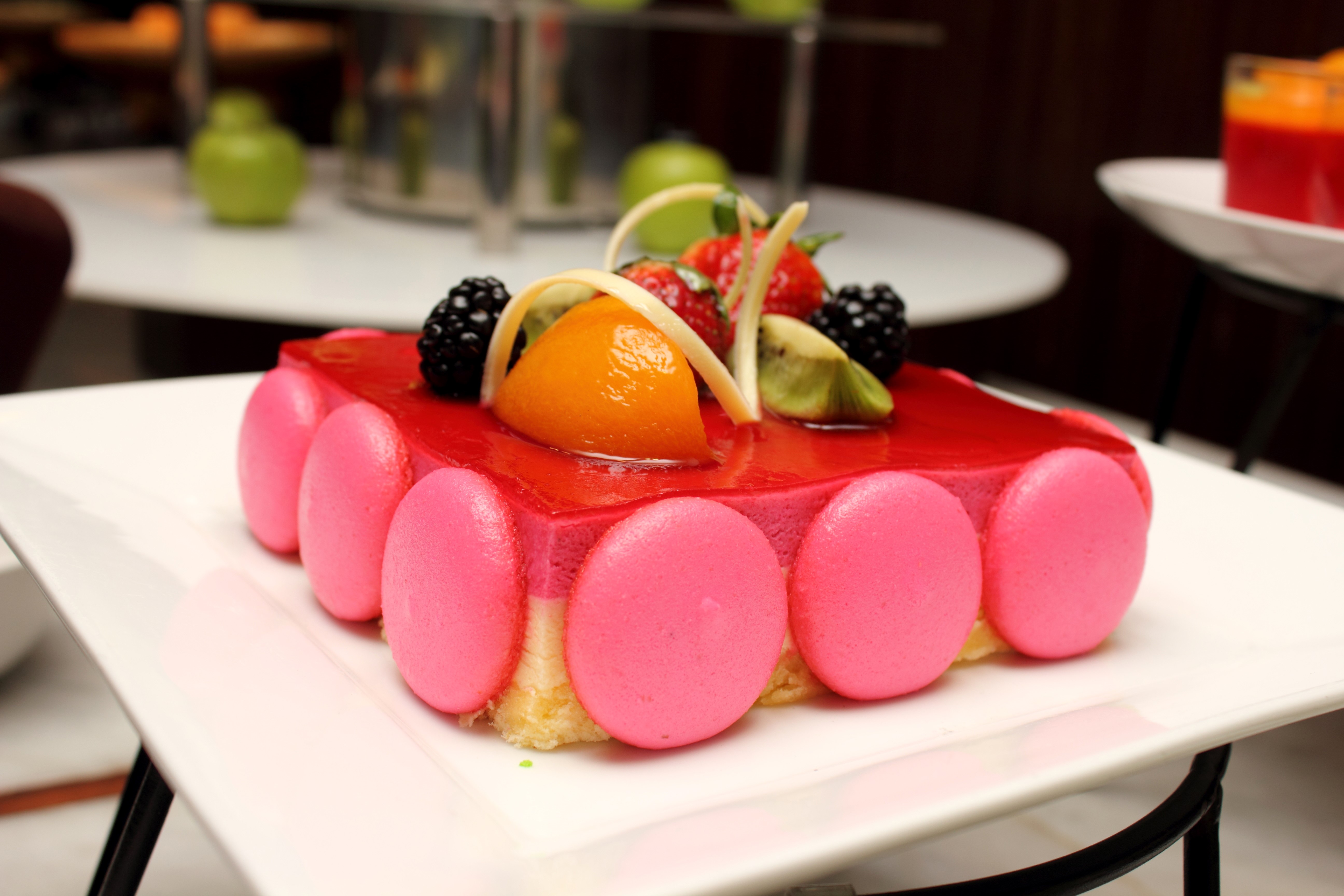 Rectangular Berry Cake with Macarons and Fruit HD Wallpaper