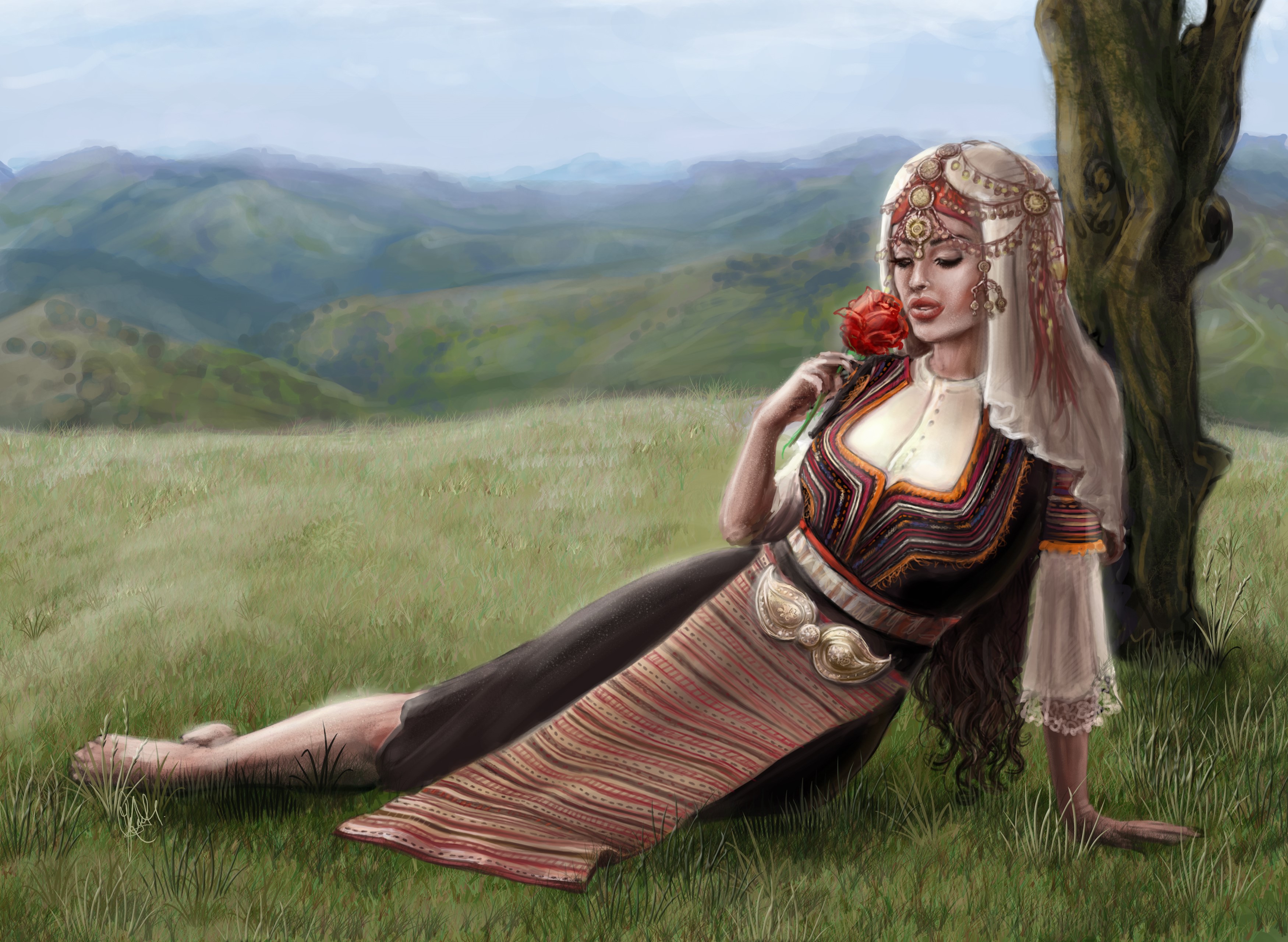 Woman in traditional dress holding a rose in a grassy field HD Wallpaper