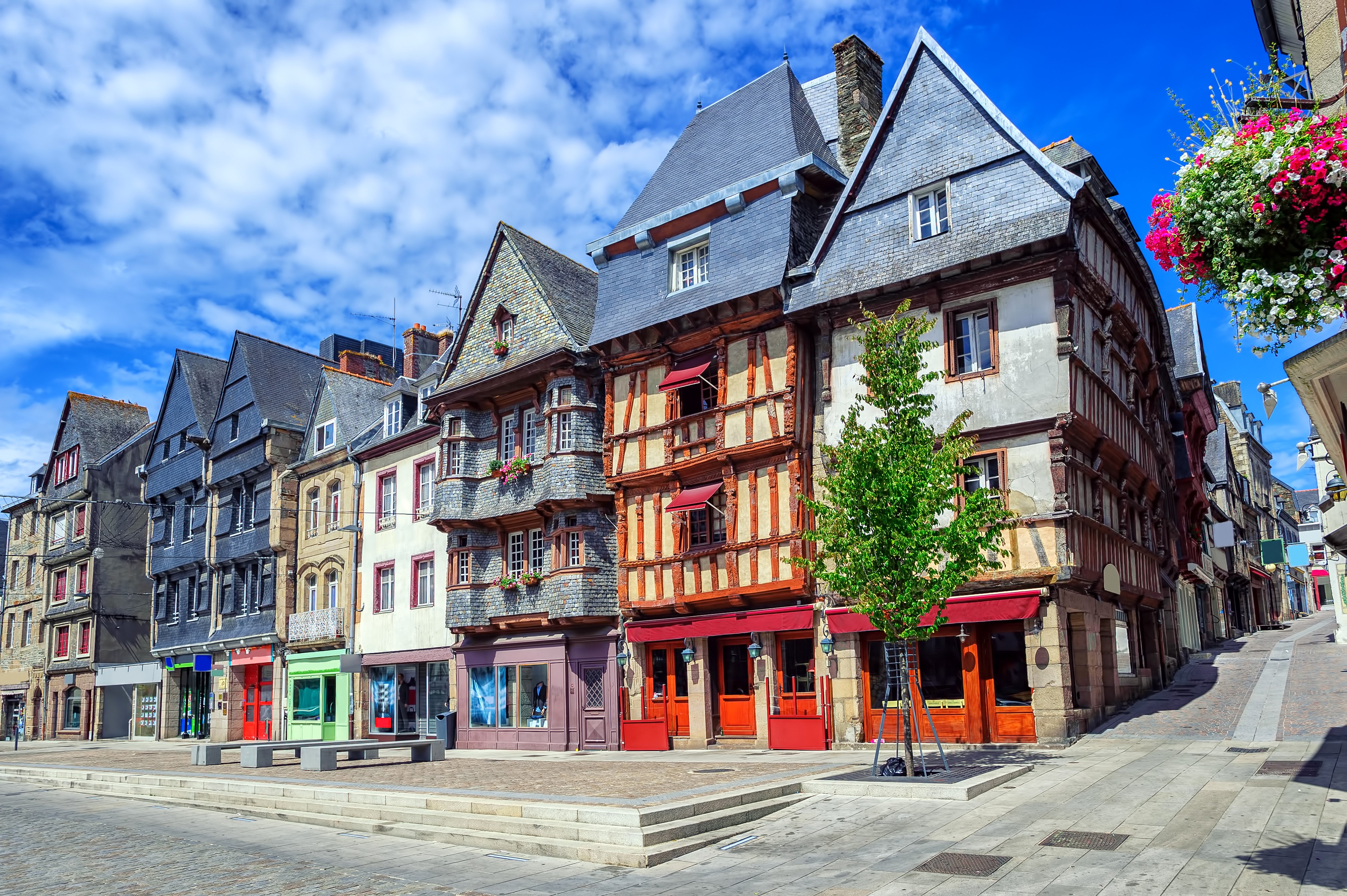Half-timbered houses on a street in Lannion, Brittany, France HD Wallpaper