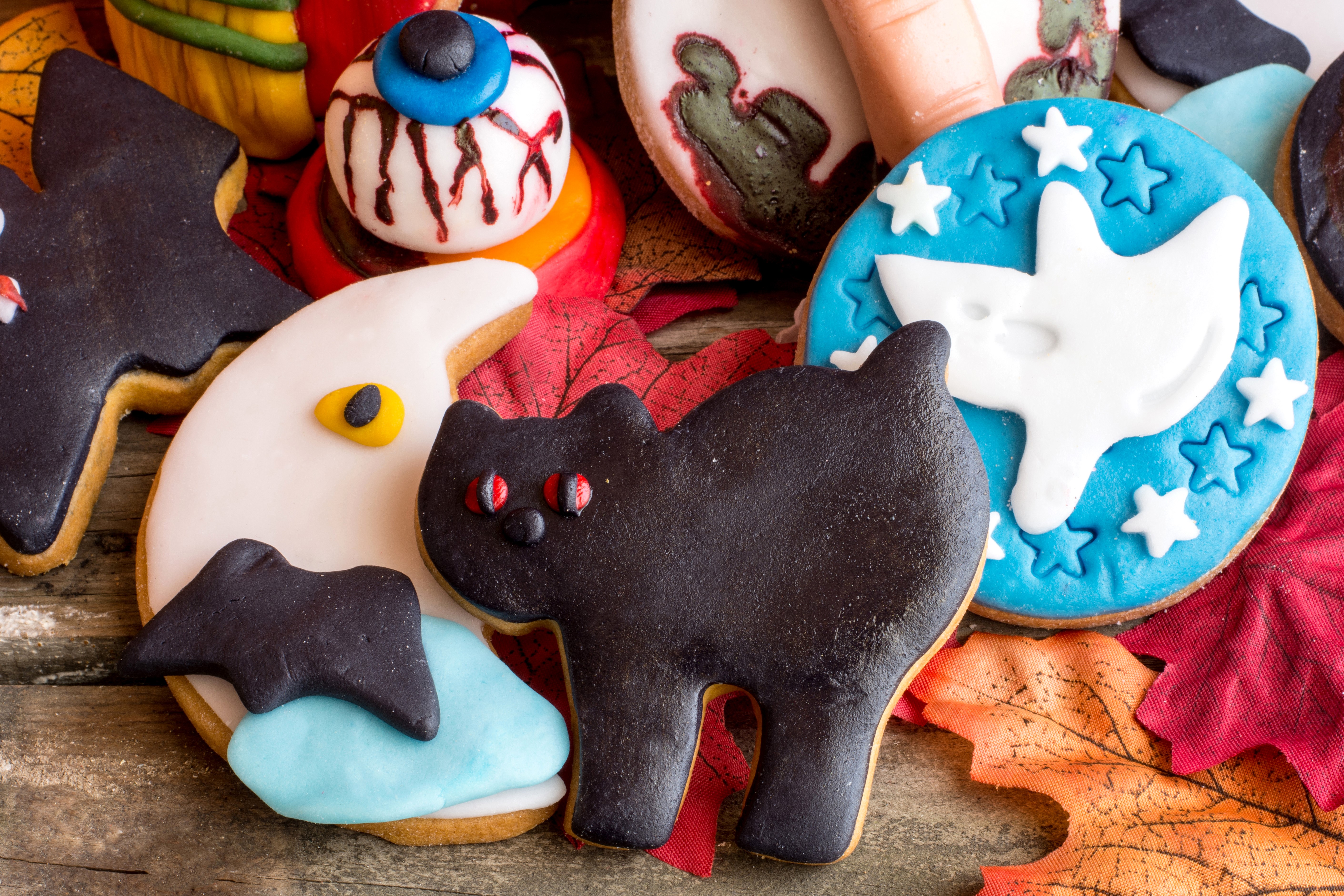 Halloween Cookies: Black Cat, Ghost, Eyeball, Bat, Moon HD Wallpaper