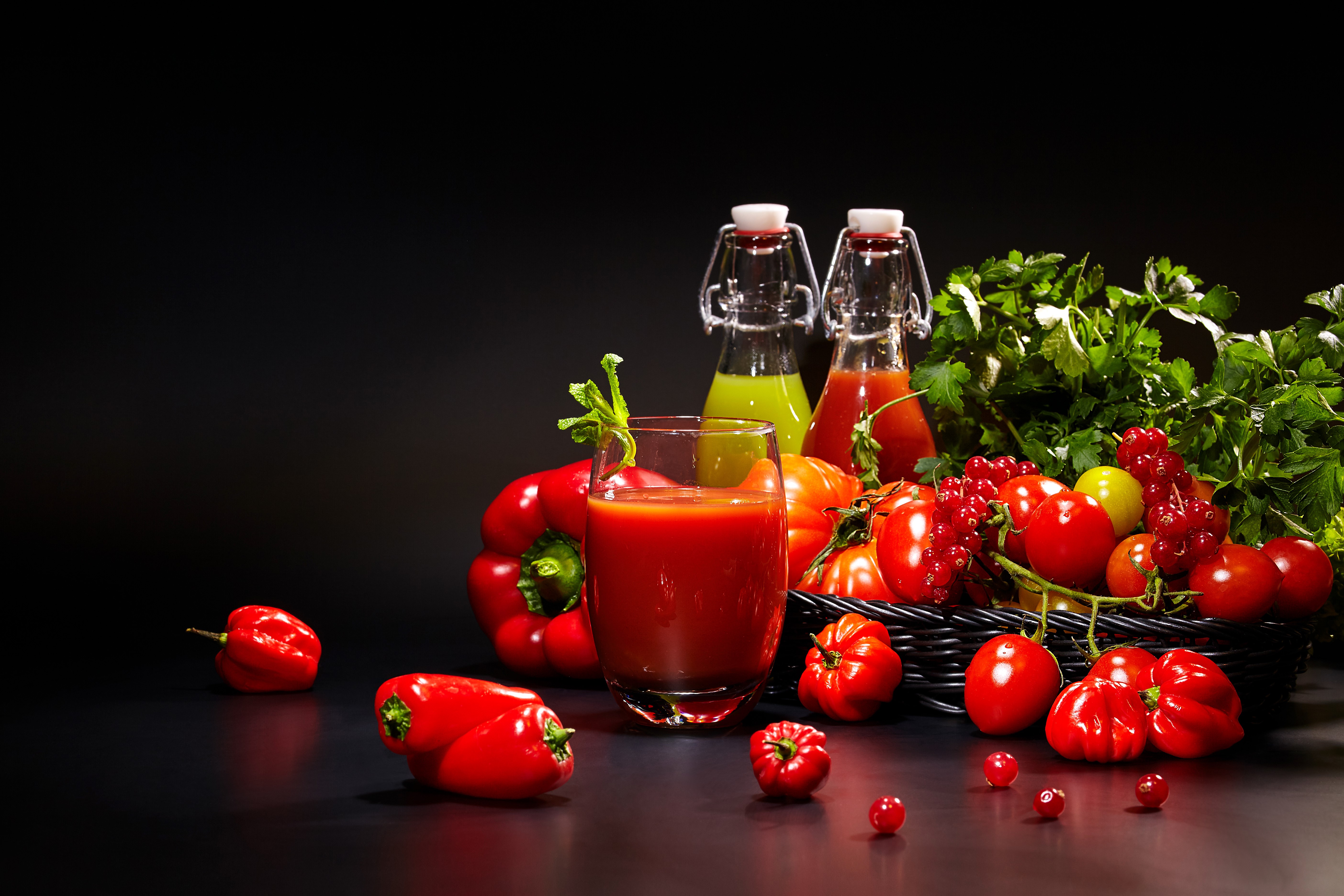 Vegetables and Juices with Black Background HD Wallpaper