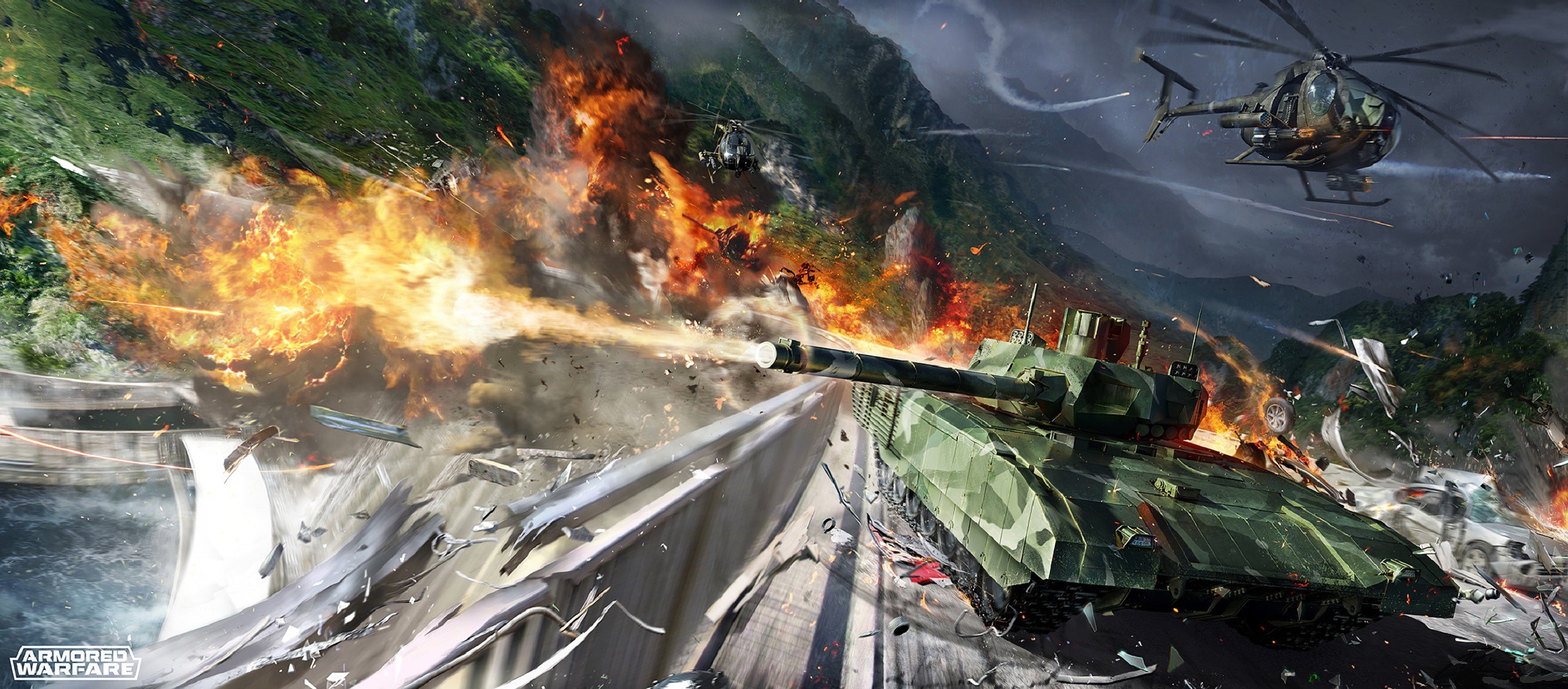 Armored Warfare tank firing with helicopters and explosions HD Wallpaper