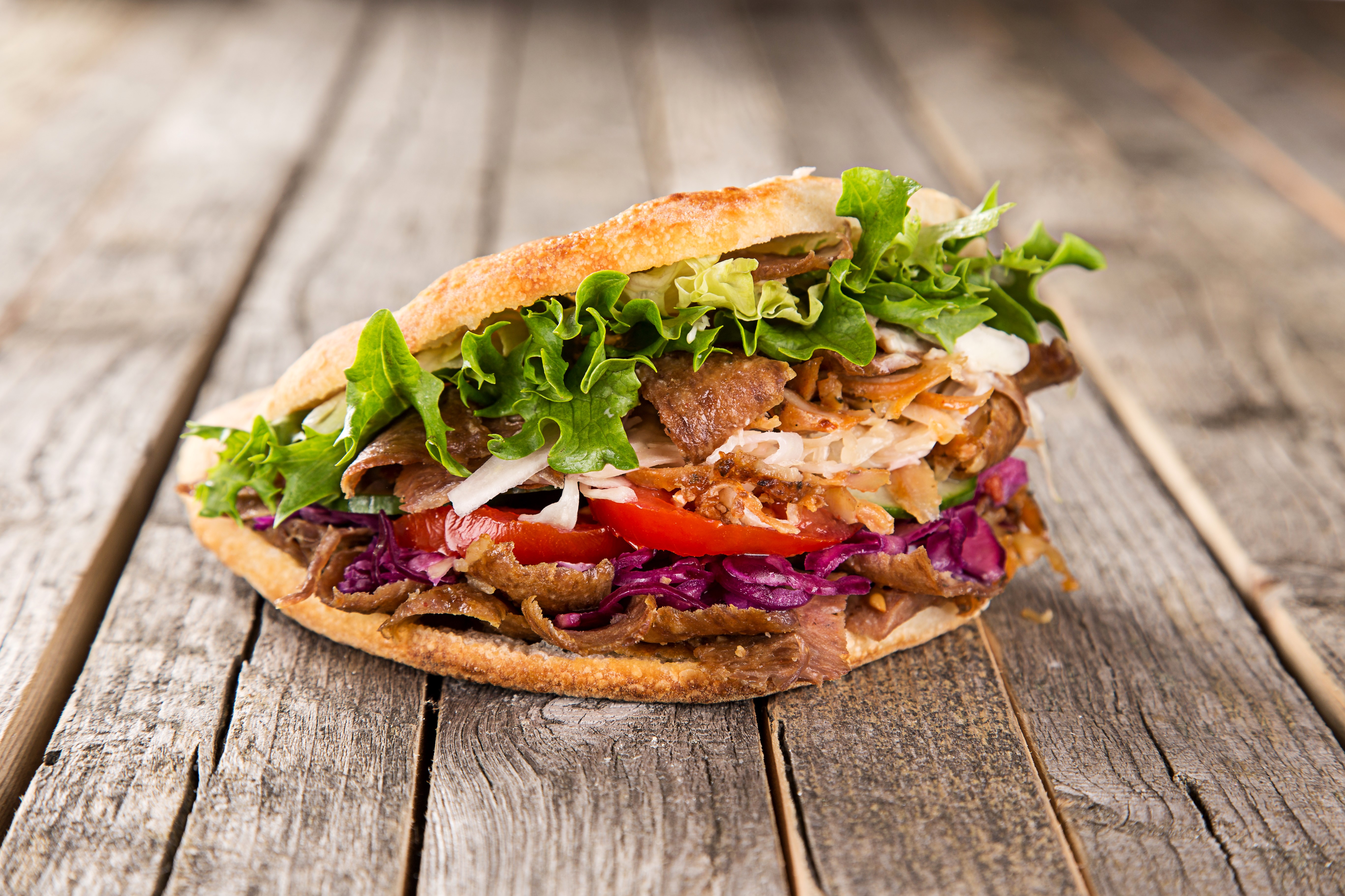 Doner Kebab Sandwich with Meat and Vegetables HD Wallpaper