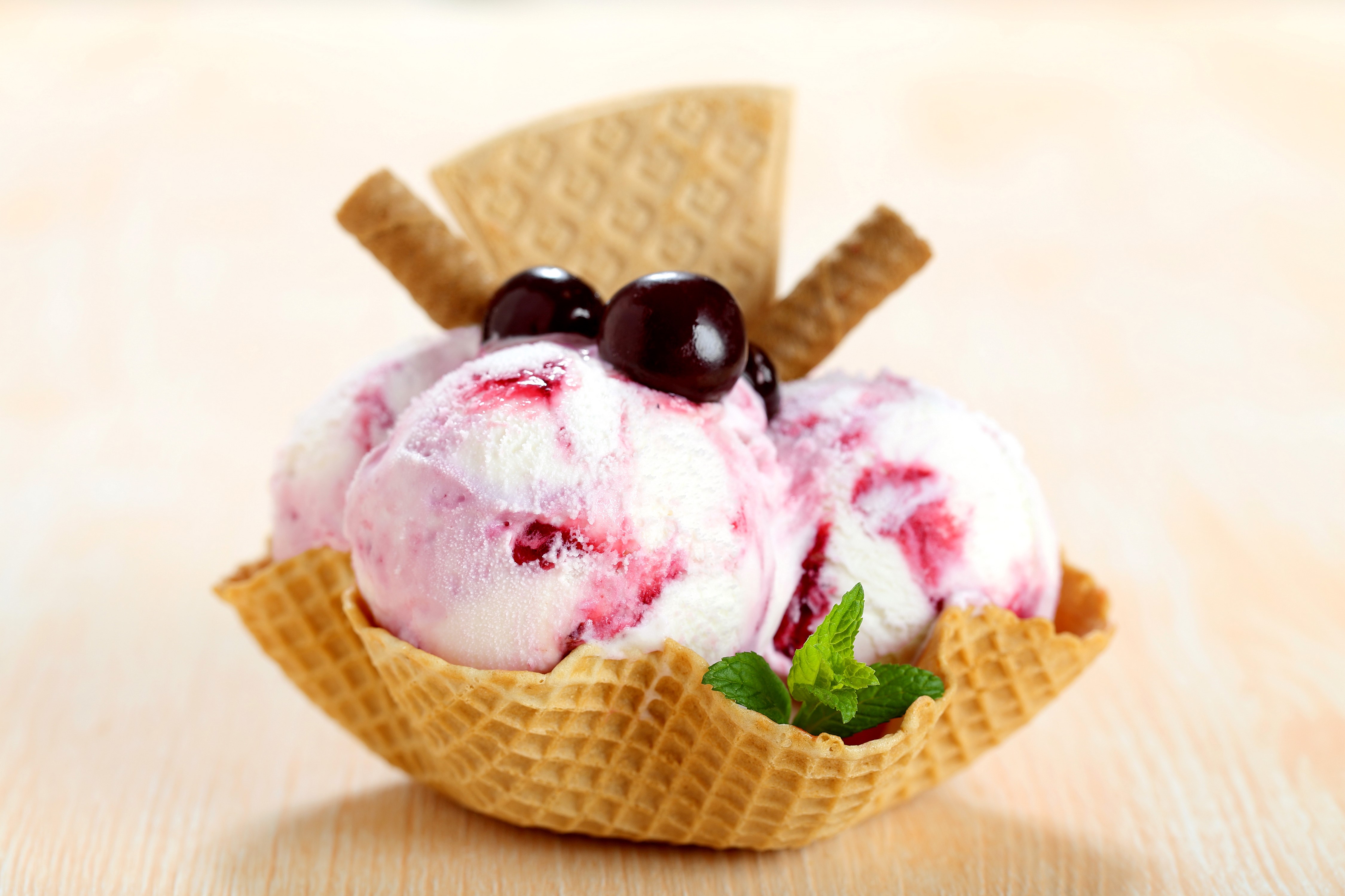 Ice cream with cherries in a waffle bowl HD Wallpaper