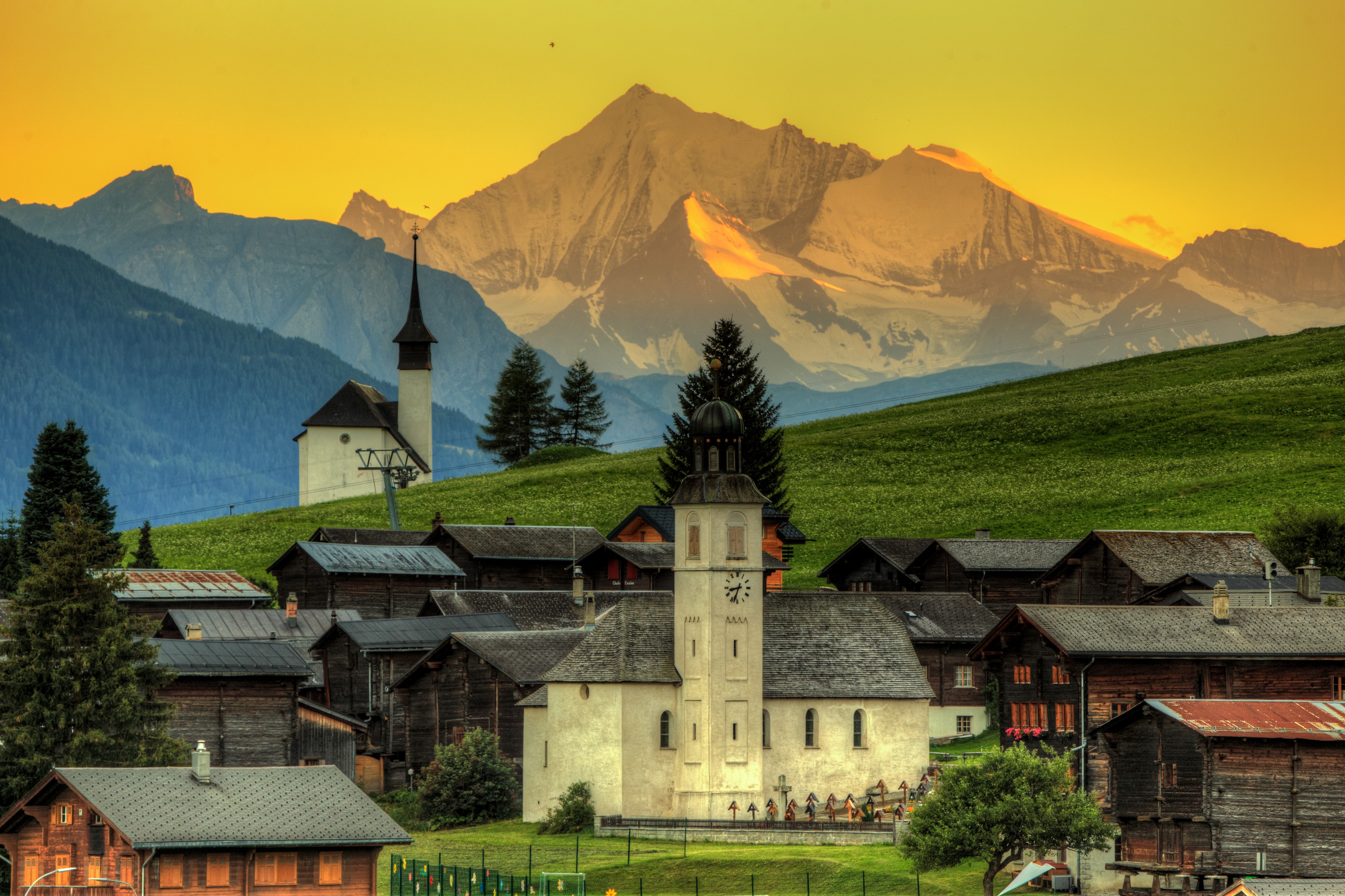 Gluringen Goms, Switzerland Village with Mountains HD Wallpaper