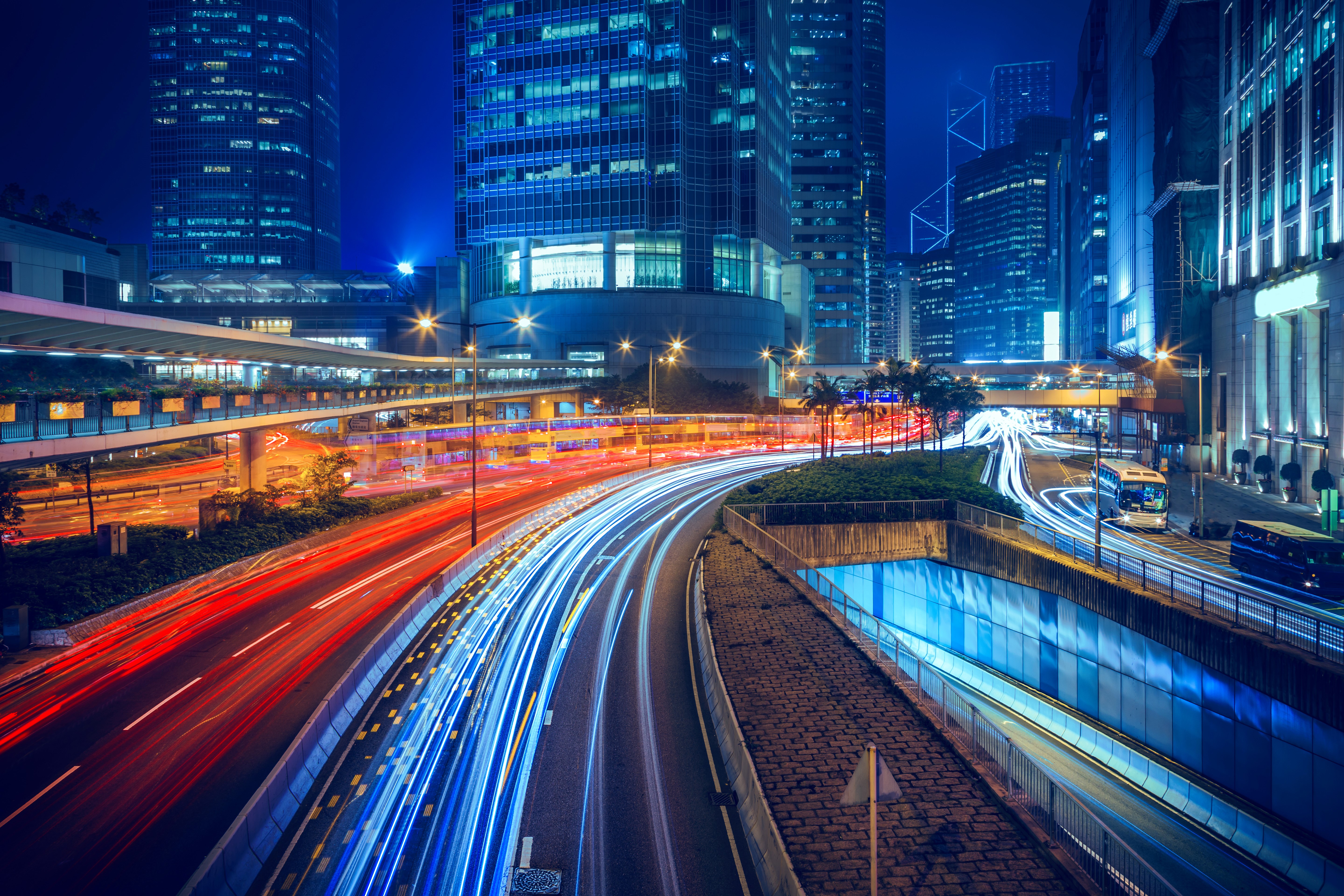 Hong Kong Cityscape at Night with Light Trails HD Wallpaper