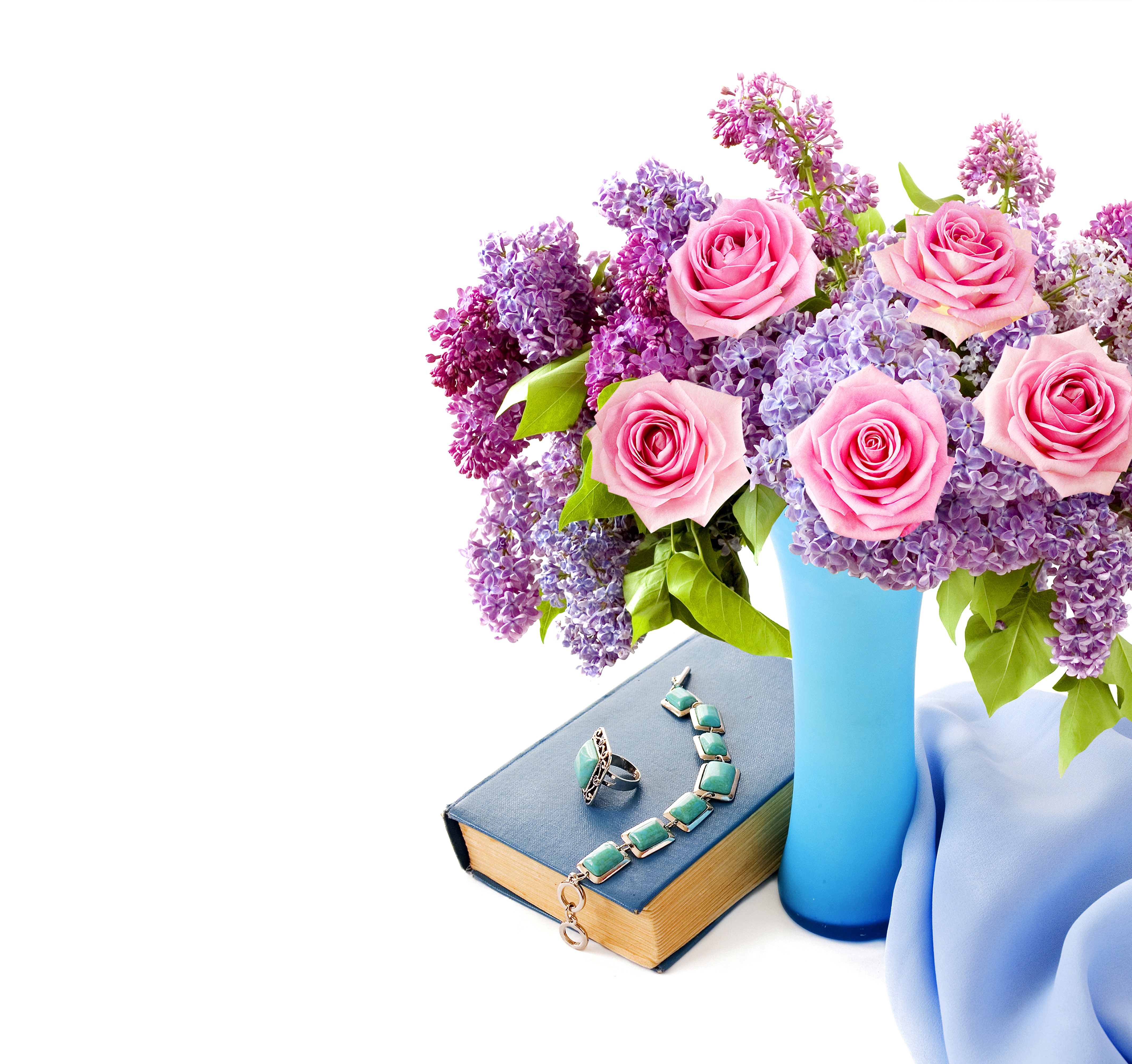 Bouquet of Roses and Lilac with Jewelry on Book HD Wallpaper