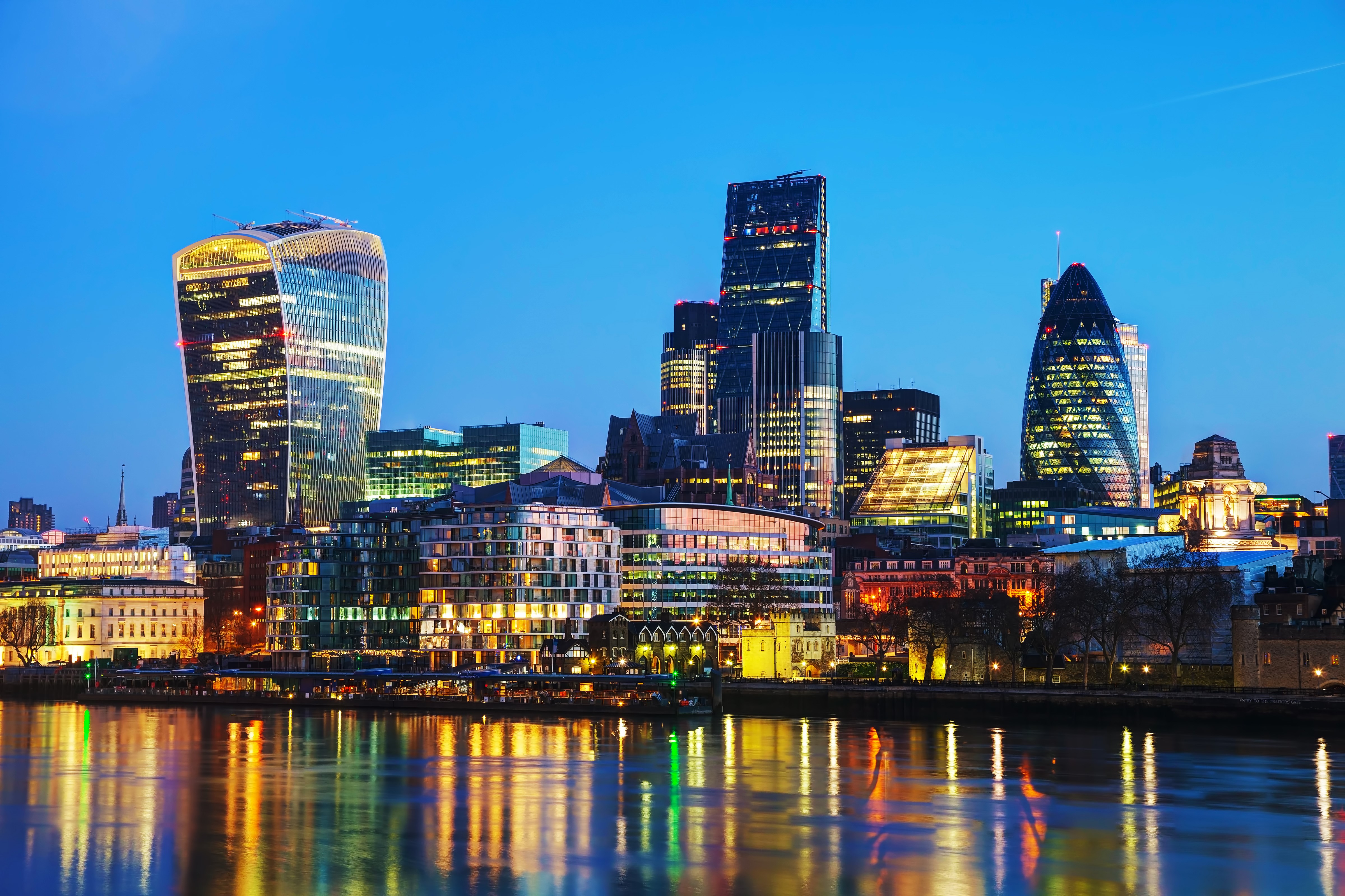 London skyline with River Thames at night HD Wallpaper