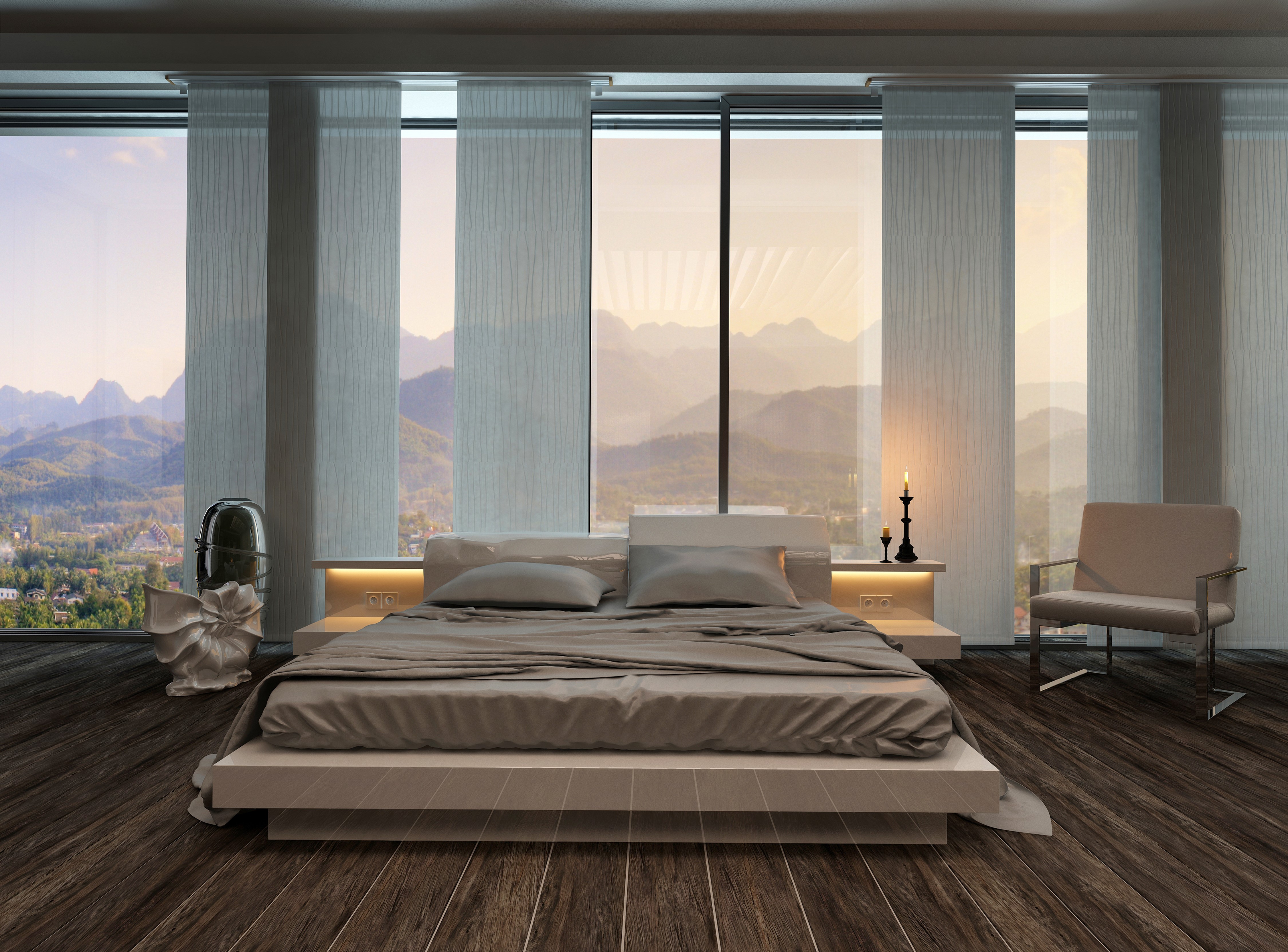 4K Bedroom Interior Design with Mountain View HD Wallpaper