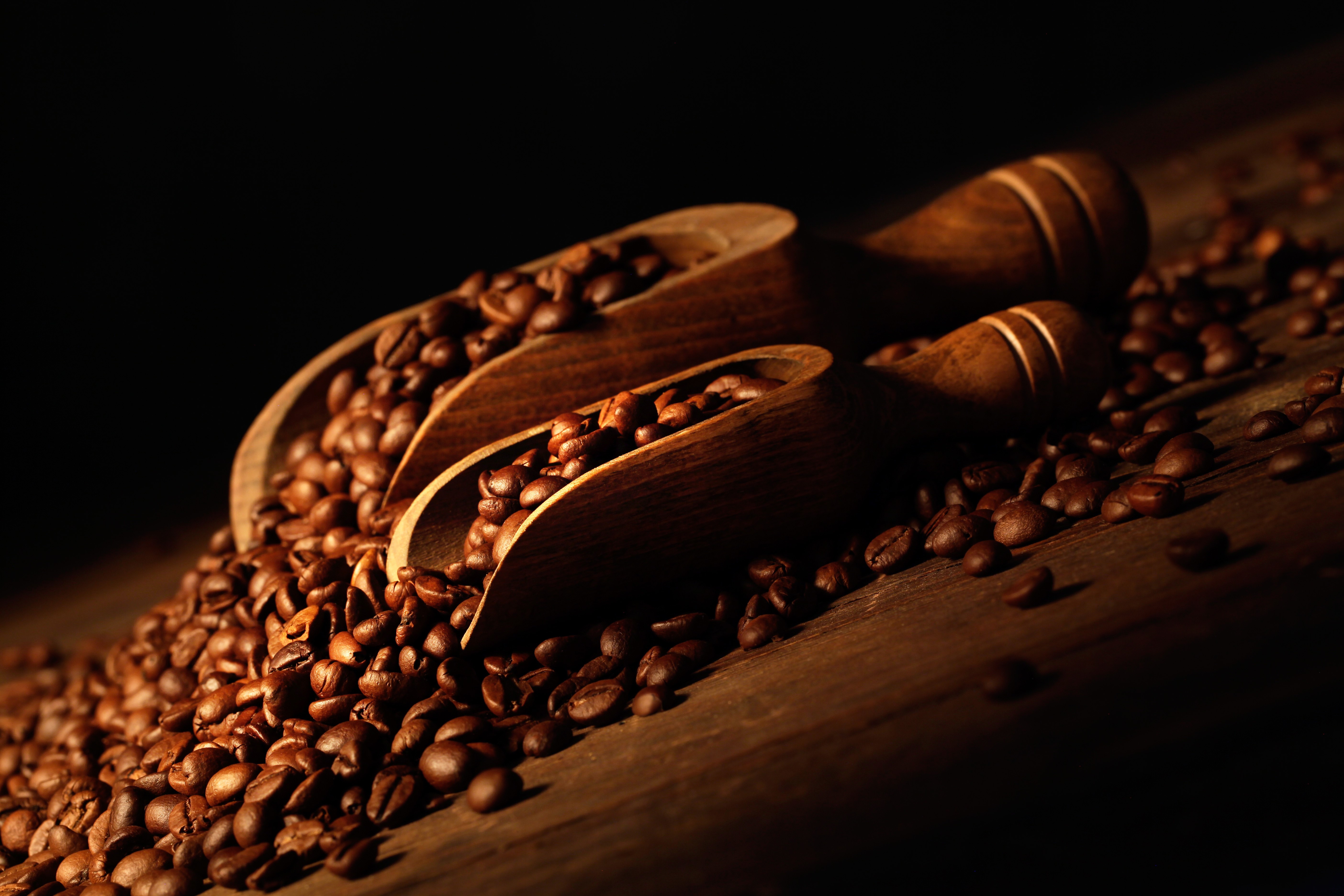 Coffee beans in wooden scoops HD Wallpaper