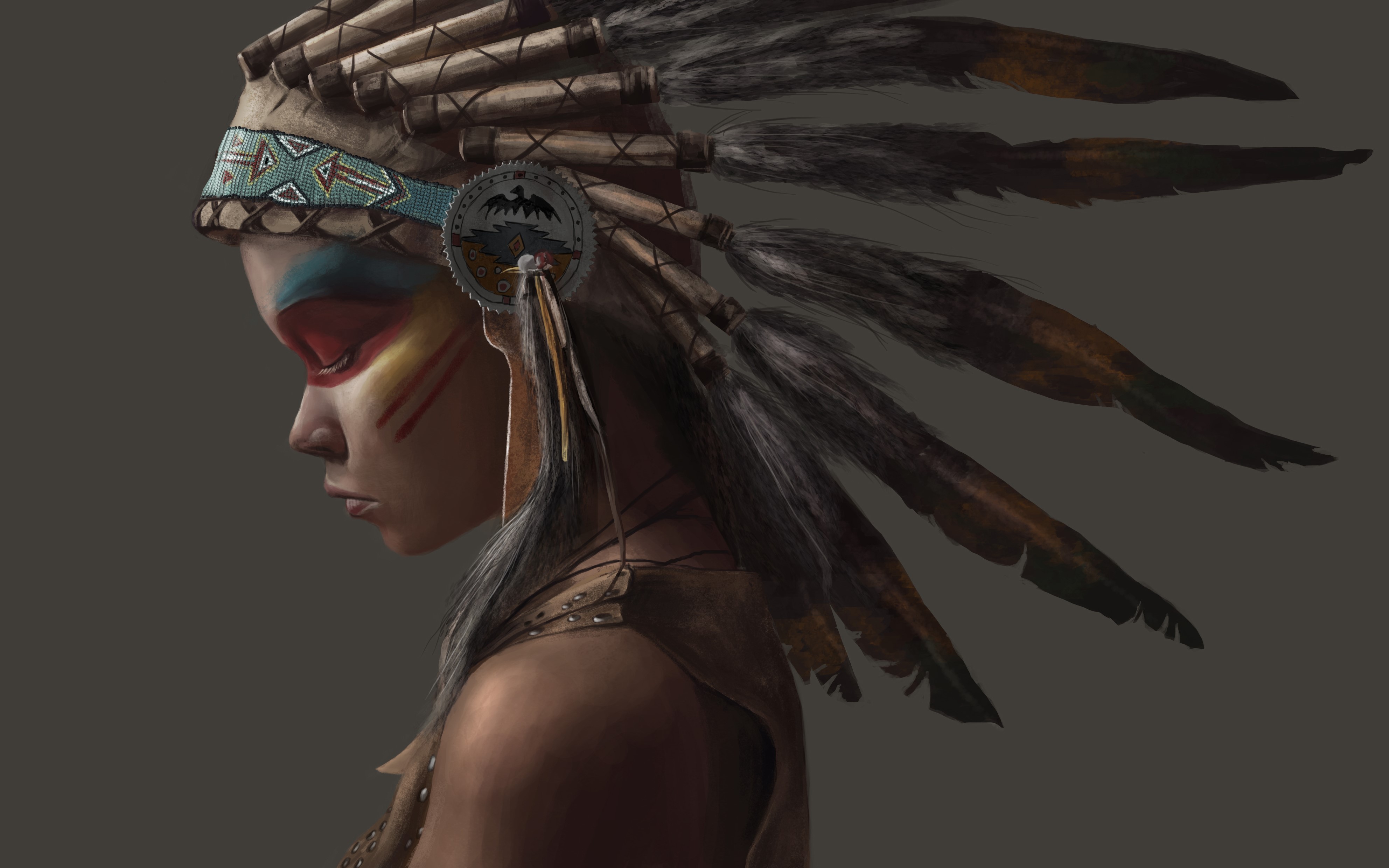 Woman wearing a Native American war bonnet with face paint HD Wallpaper