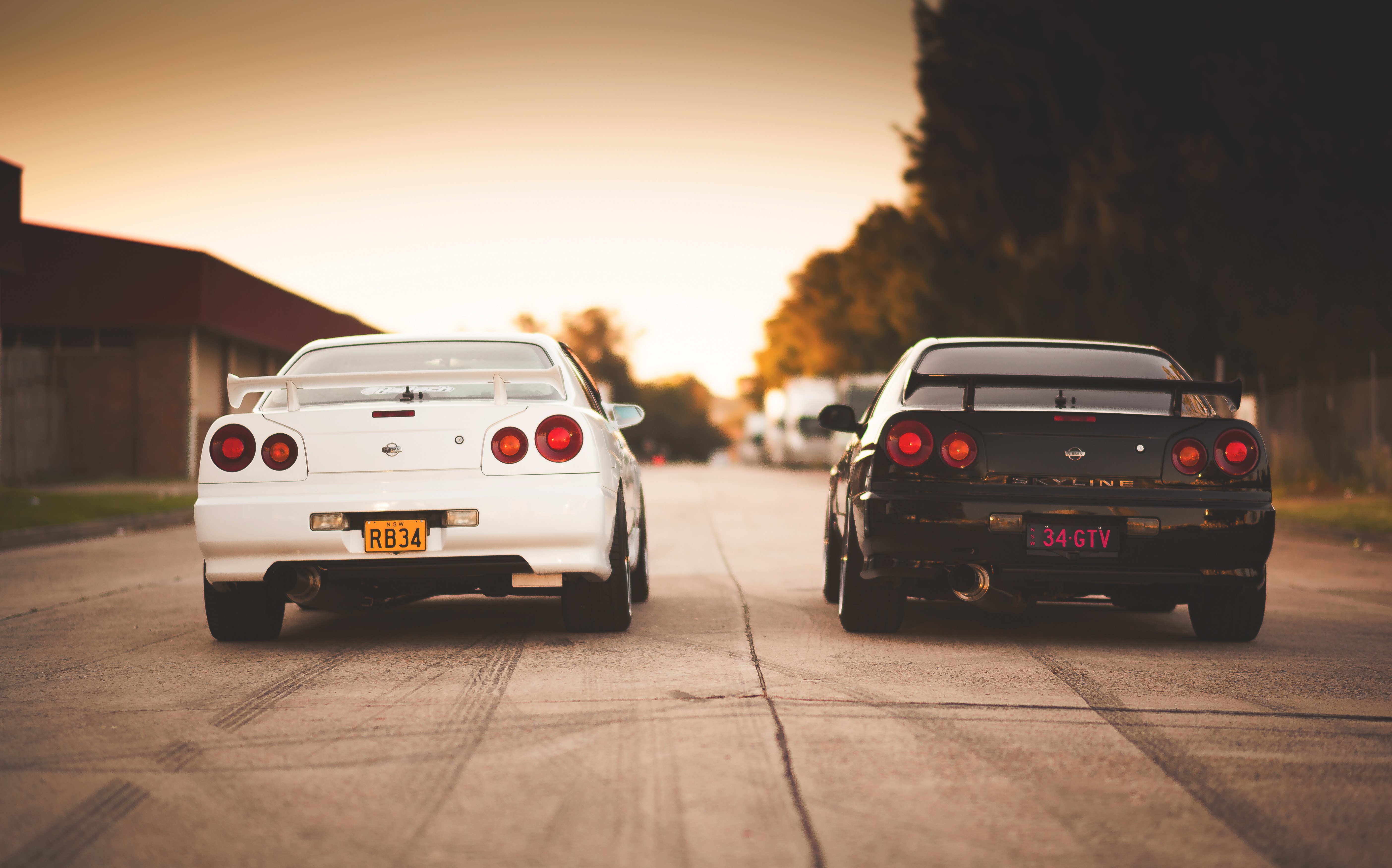 Two Nissan Skyline R34 GT-R cars, back view HD Wallpaper