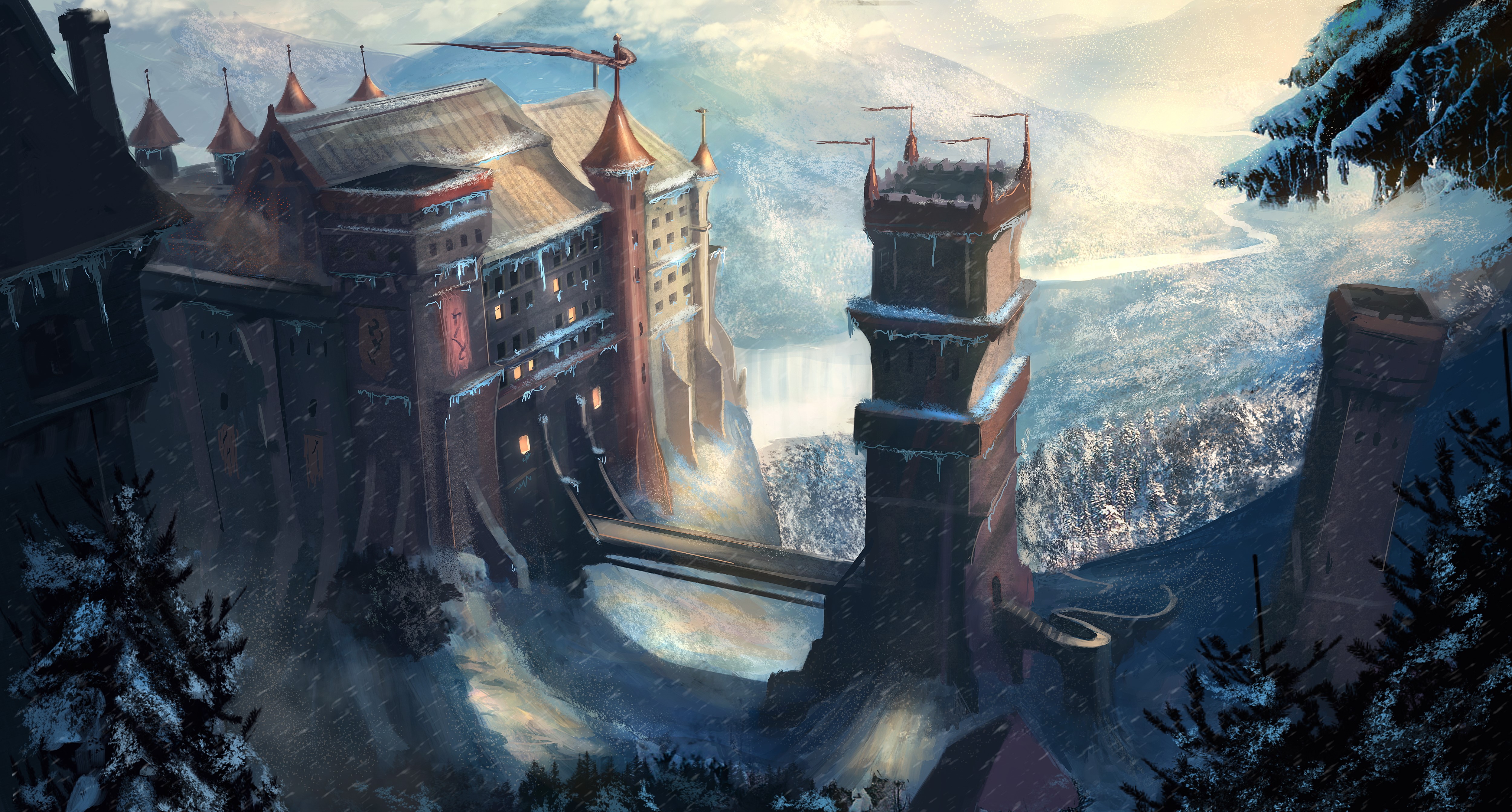 Castle in a snowy mountain landscape HD Wallpaper