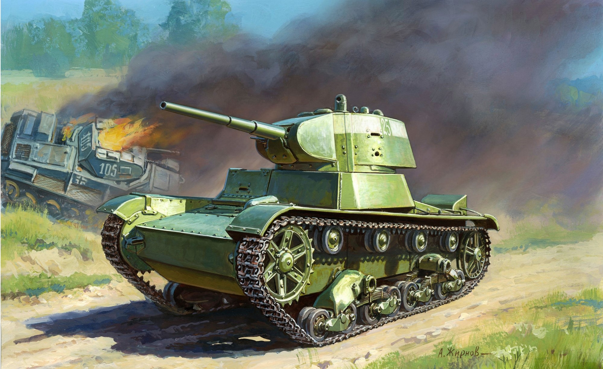 T-26M tank in battle with burning vehicle HD Wallpaper