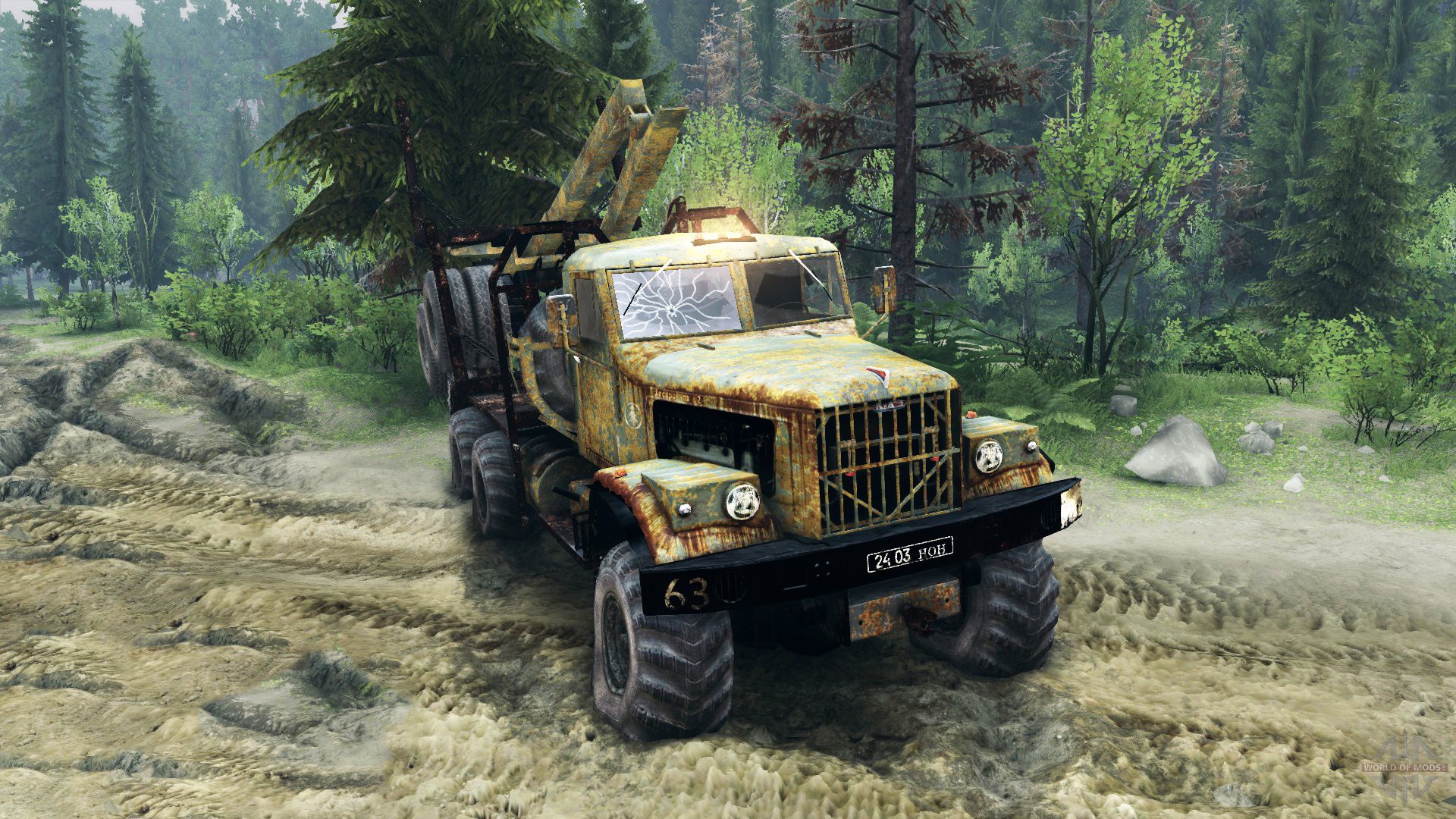 Spin Tires Kraz 255 Truck in Forest HD Wallpaper
