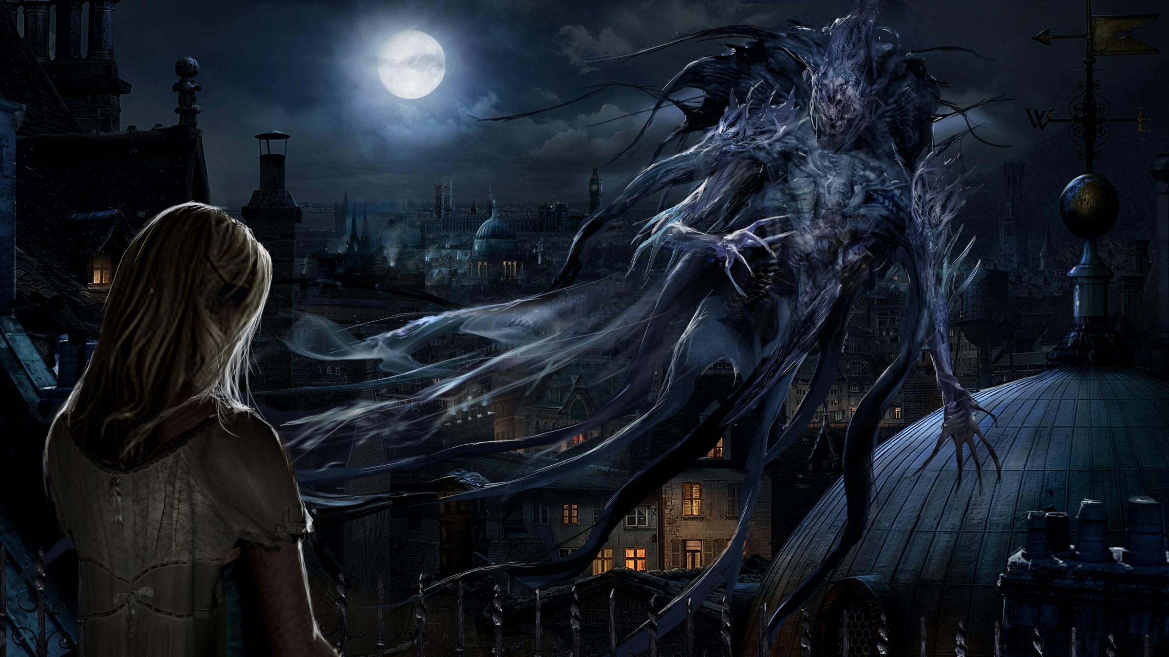 Girl confronts a monster on a rooftop at night HD Wallpaper